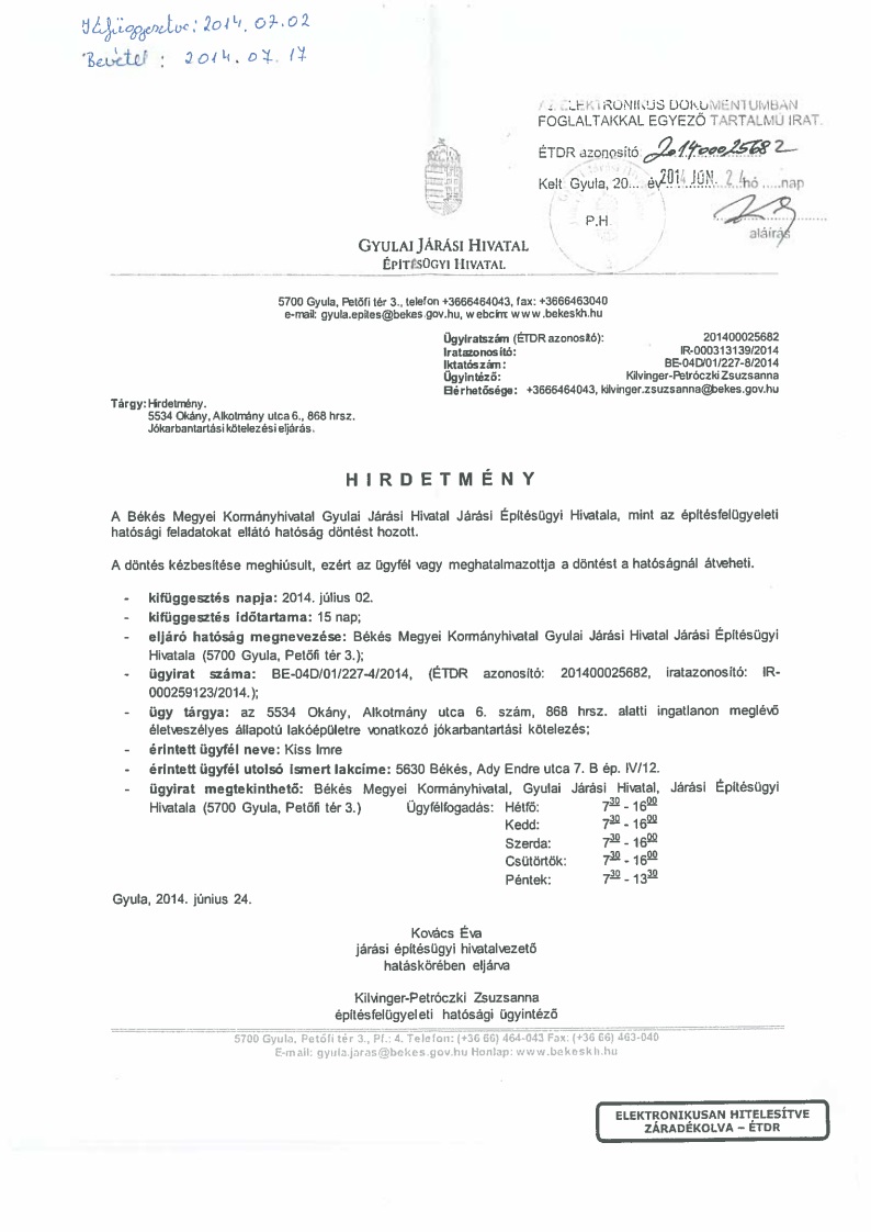 Hirdetmény Jókarbantartási kötelezési eljárás