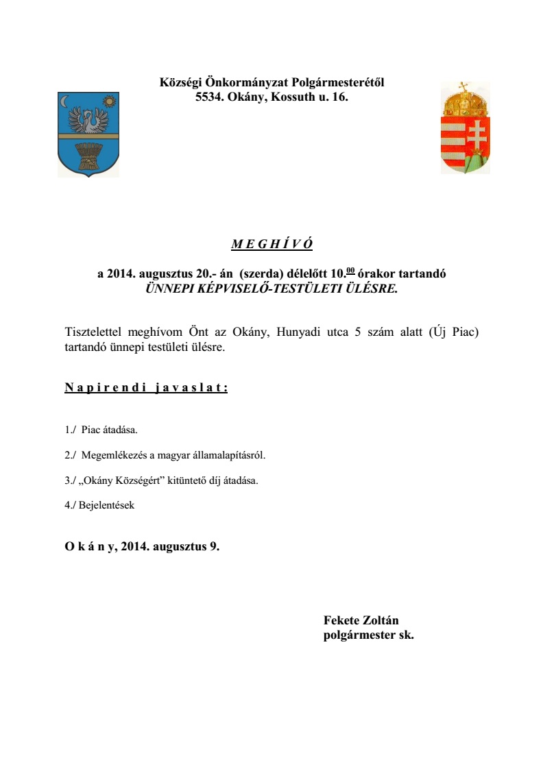 Meghívó az ünnepi képviselő-testületi ülésre