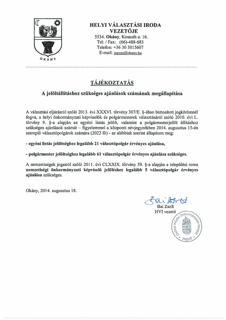 Tájékoztatás a jelöltállítás feltételeiről