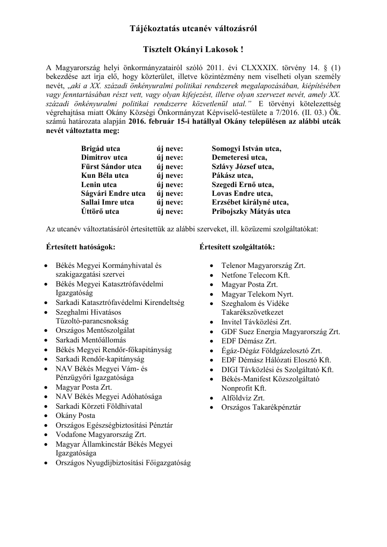 Tájékoztatás utcanév változásról