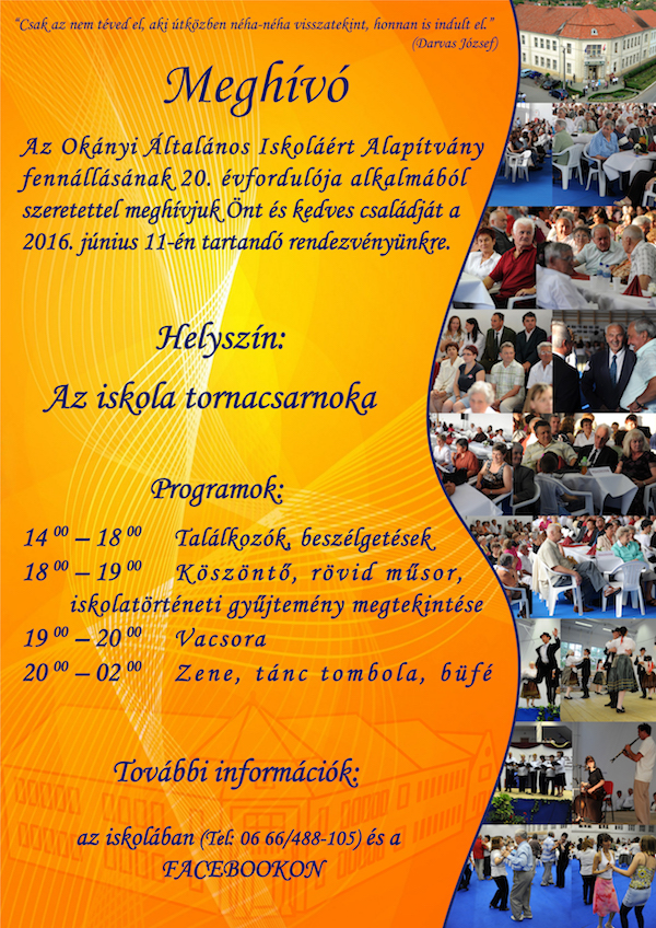Meghívó az Okányi Általános Iskoláért Alapítvány iskolatalálkozójára