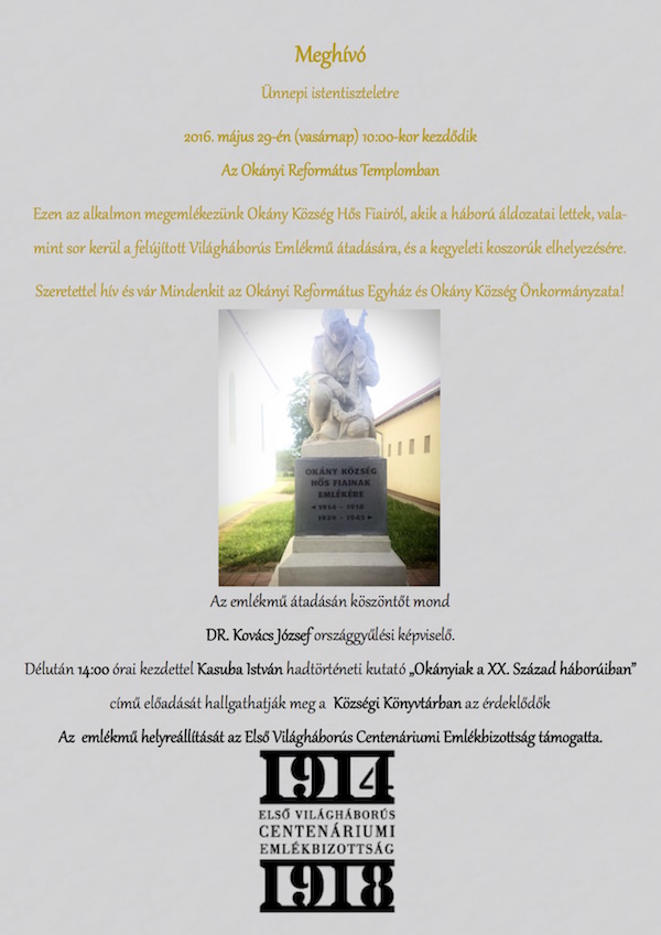 Meghívó Világháborús Emlékmű átadására