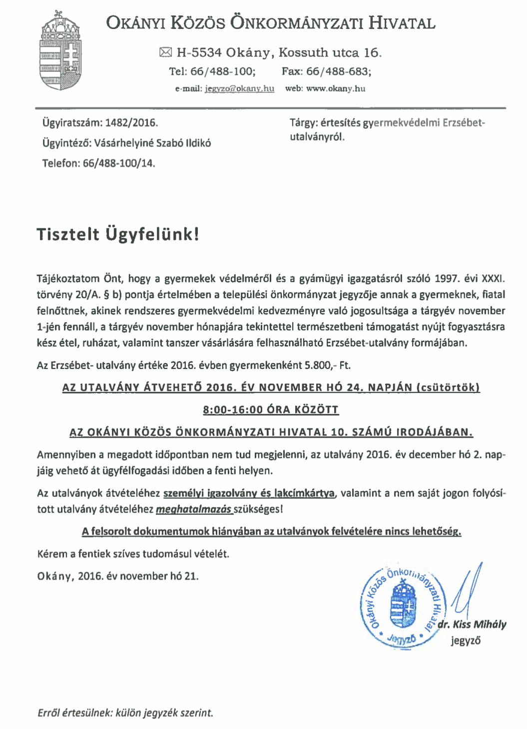 Értesítés gyermekvédelmi Erzsébet utalványról