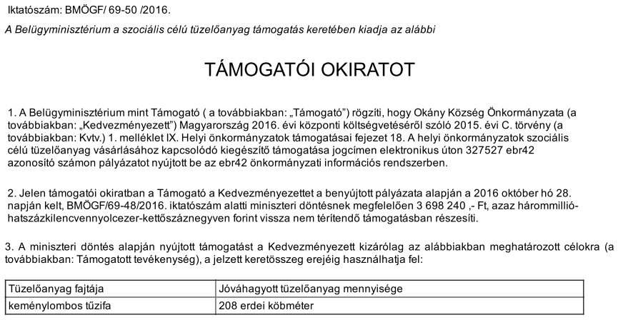 2016. évi szociális tűzifa támogatás