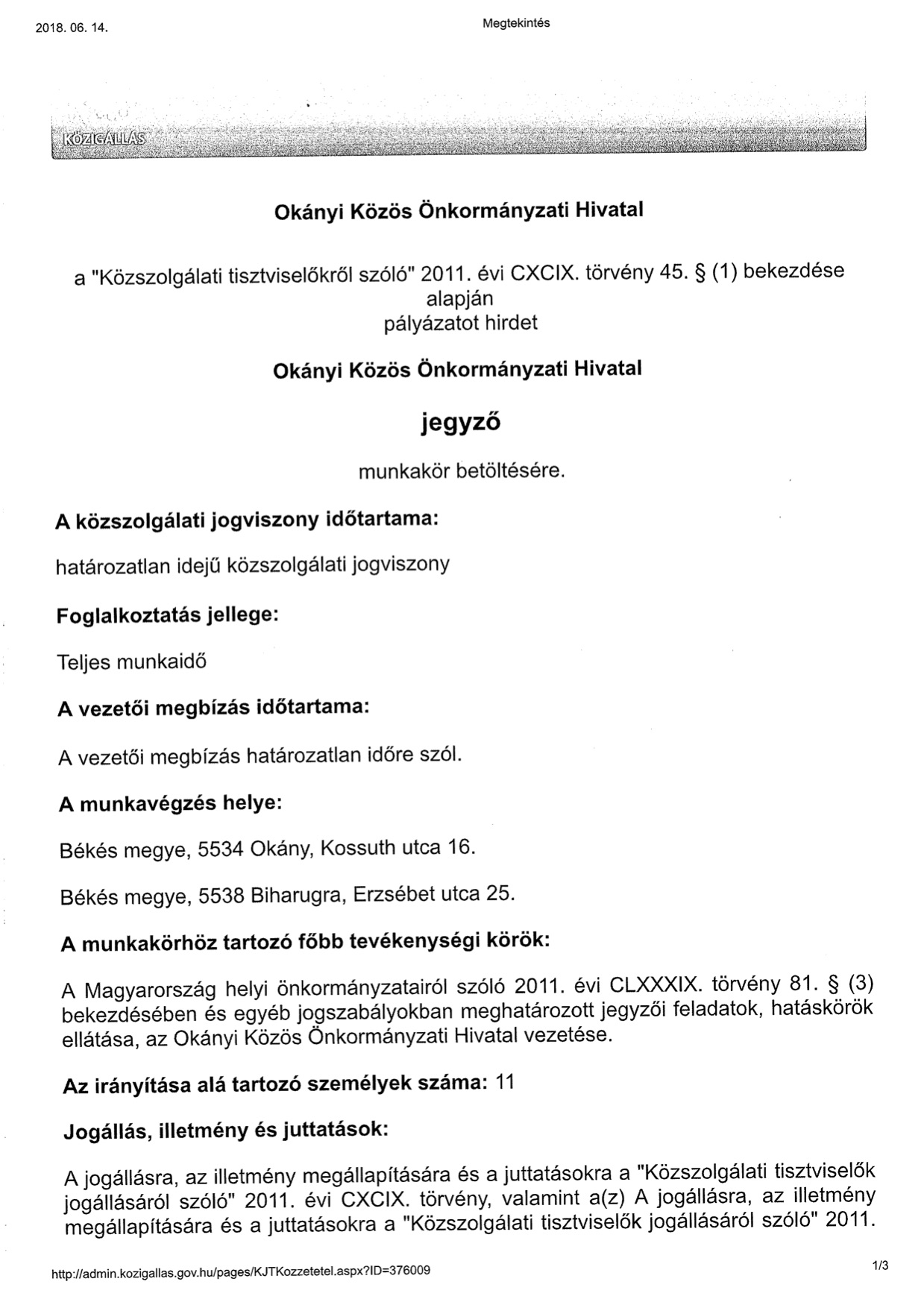 Pályázat jegyzői munkakör betöltésére