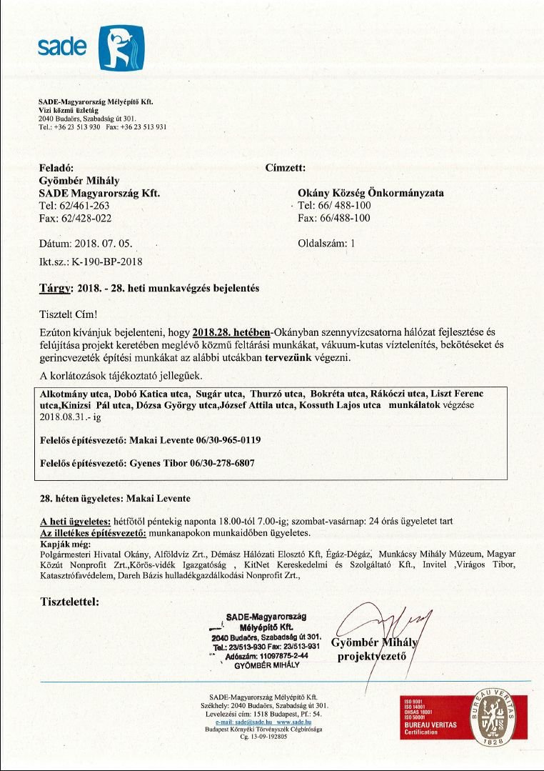 Értesítés munkavégzésről (28.hét)