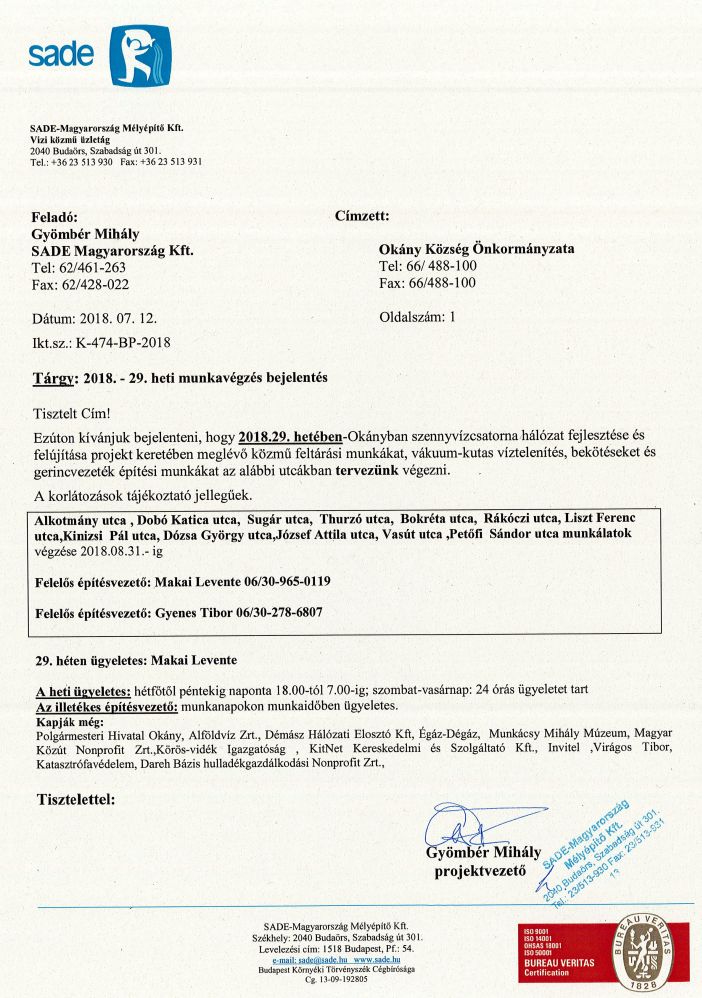 Értesítés munkavégzésről (29.hét)