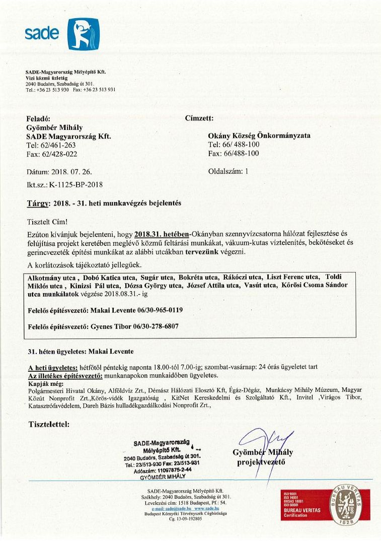 Értesítés munkavégzésről (31.hét)