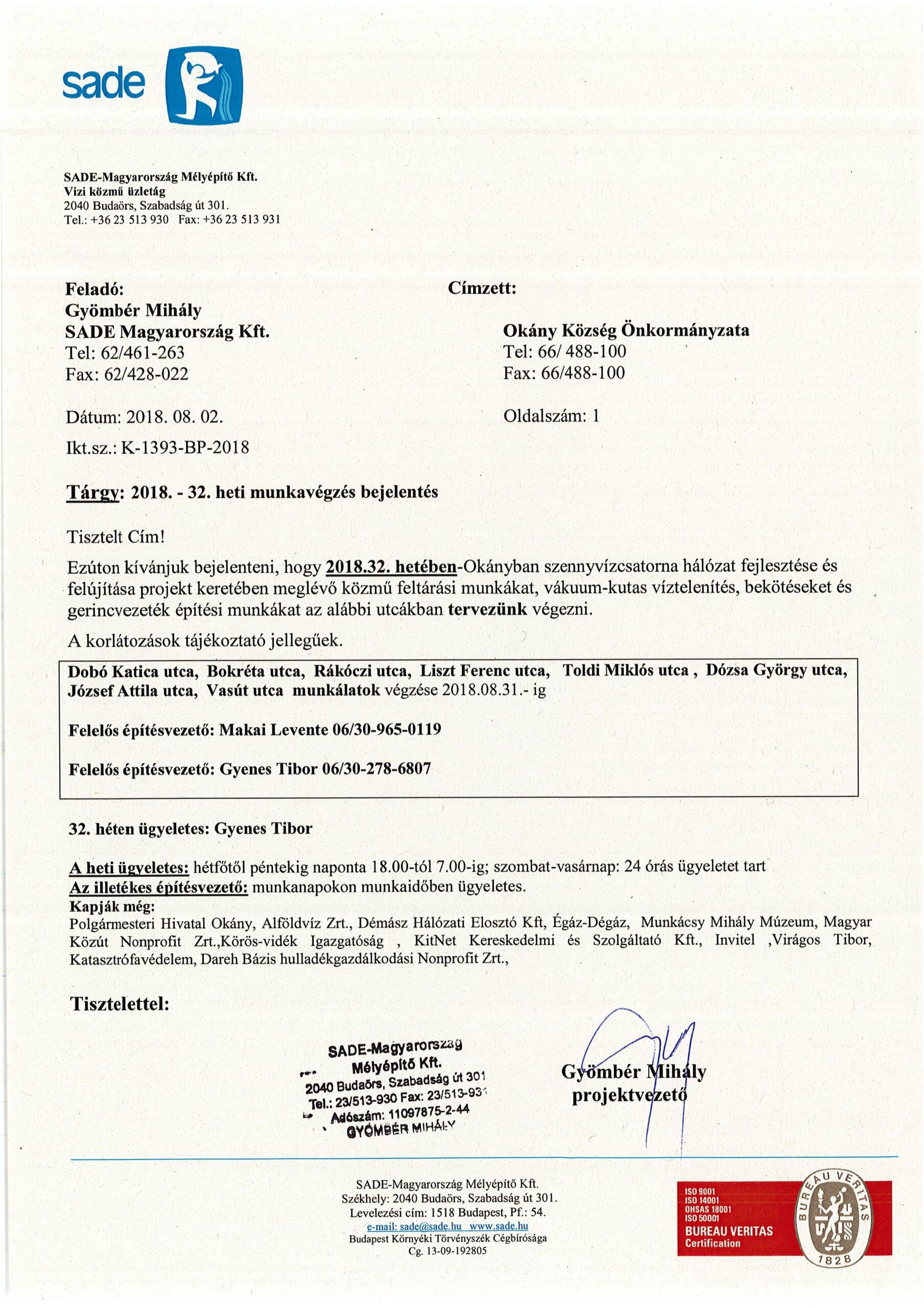 Értesítés munkavégzésről (32.hét)