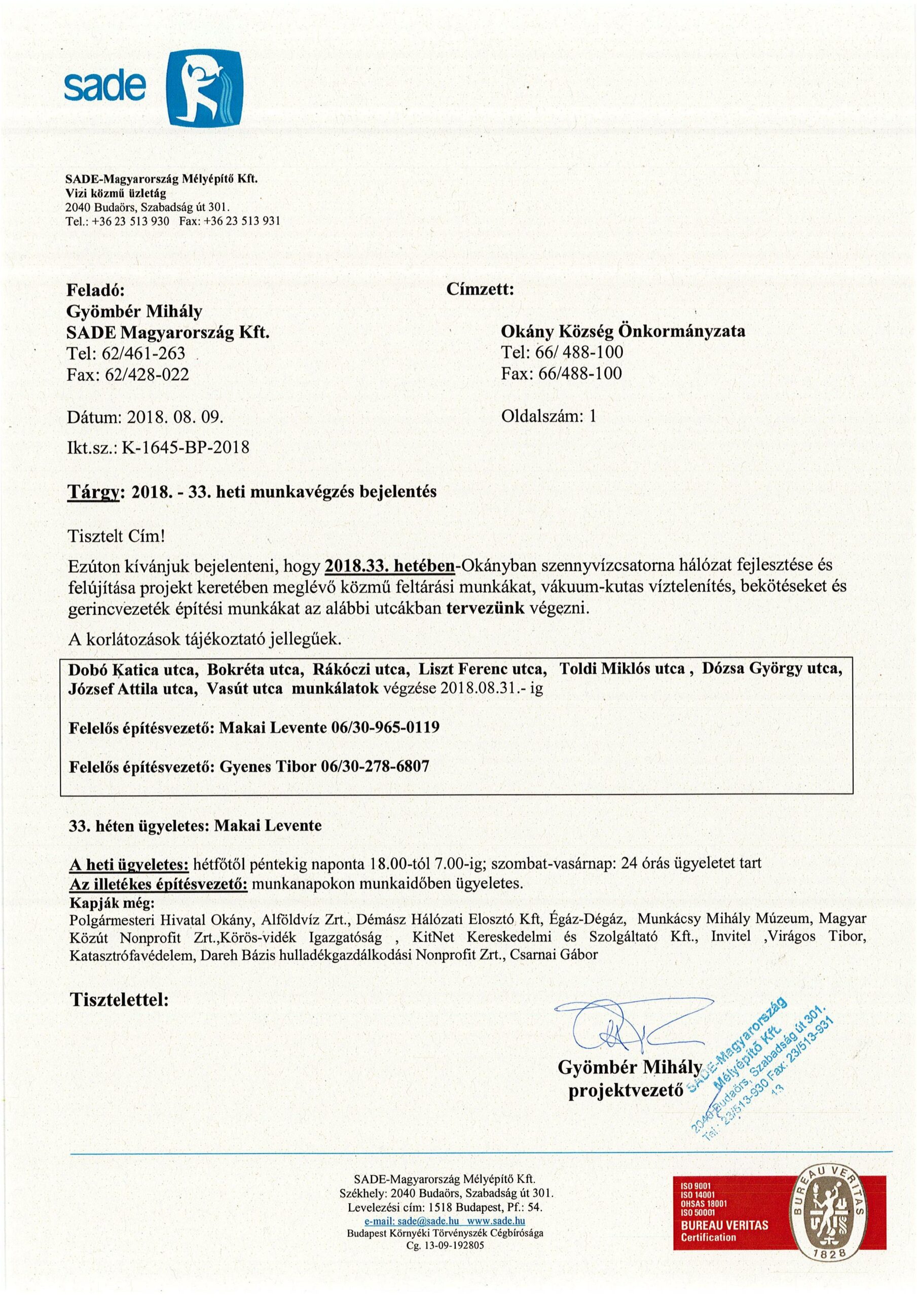 Értesítés munkavégzésről (33.hét)