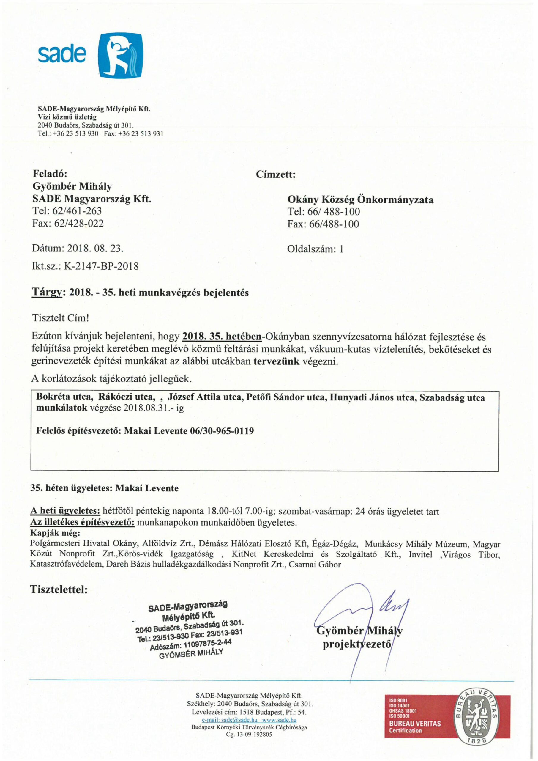 Értesítés munkavégzésről (35.hét)