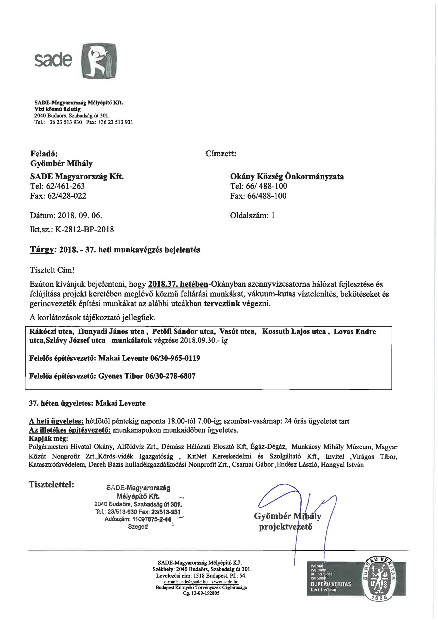 Értesítés munkavégzésről (37.hét)