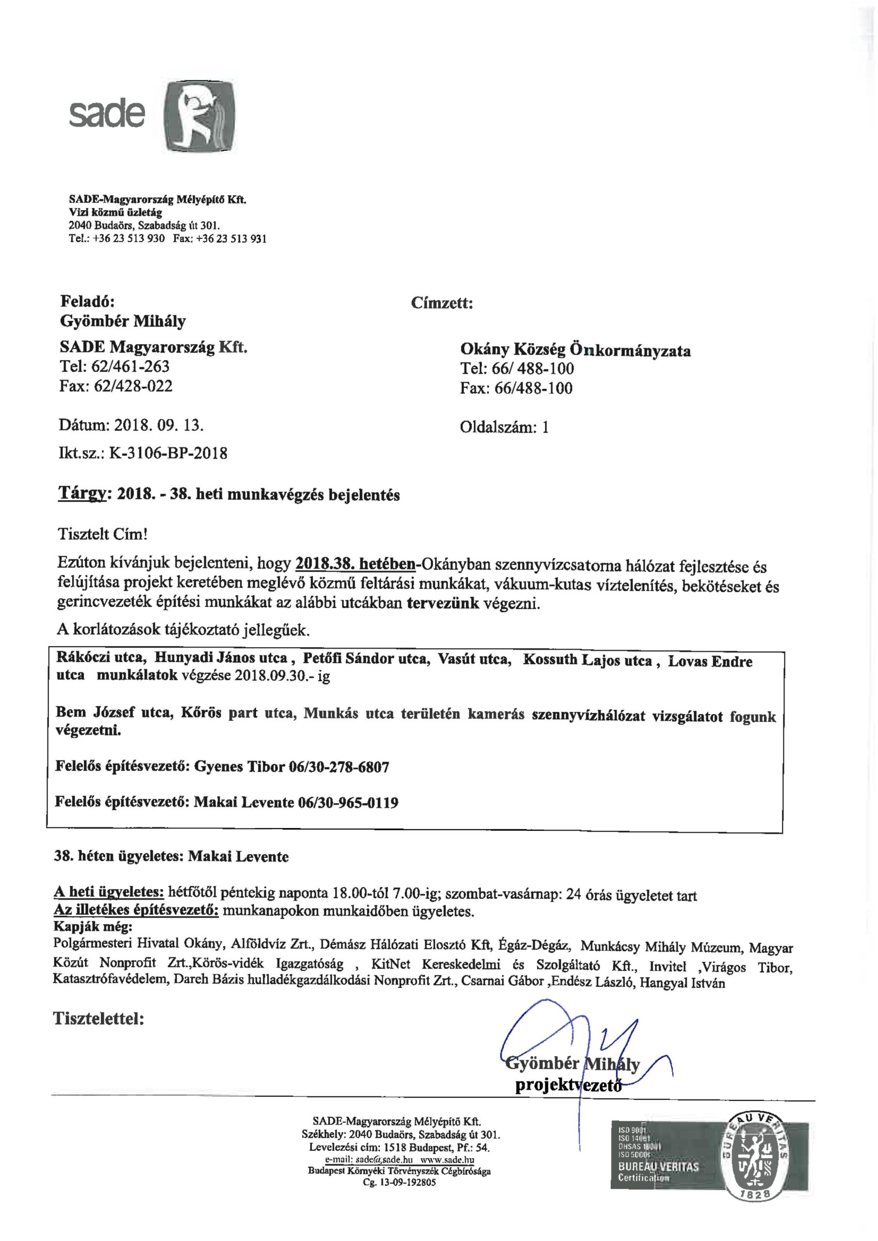 Értesítés munkavégzésről (38.hét)