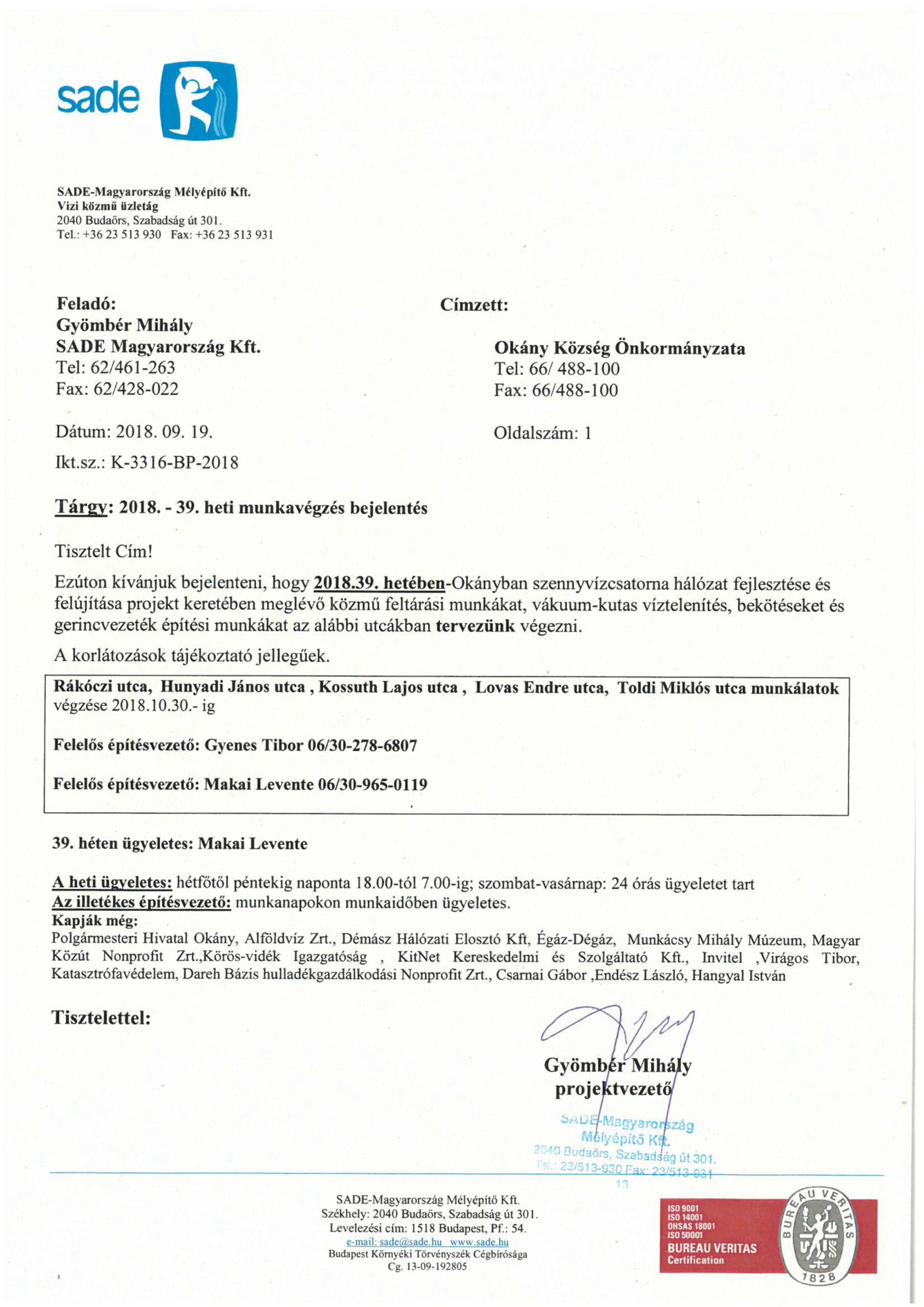 Értesítés munkavégzésről (39.hét)