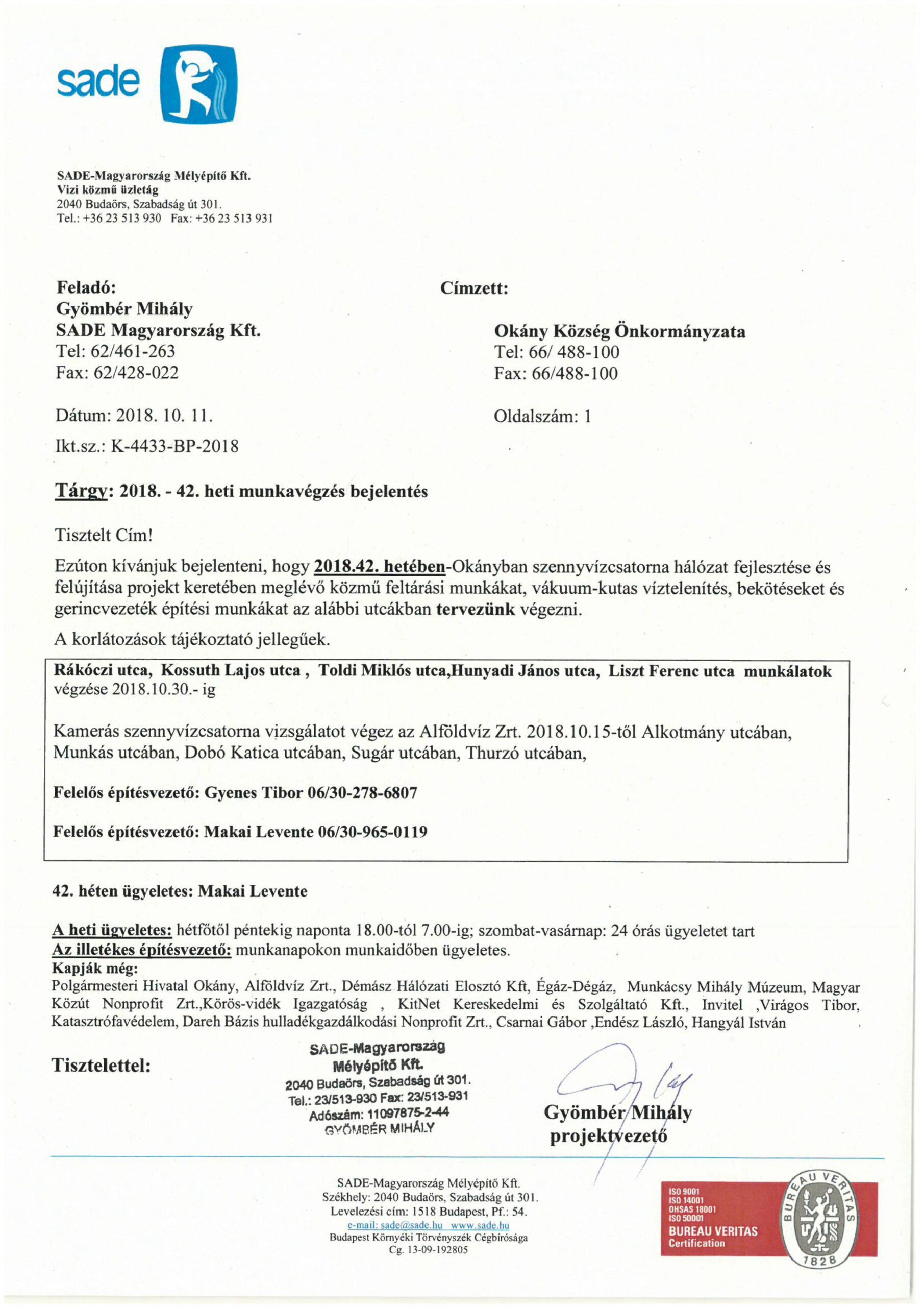 Értesítés munkavégzésről (42.hét)