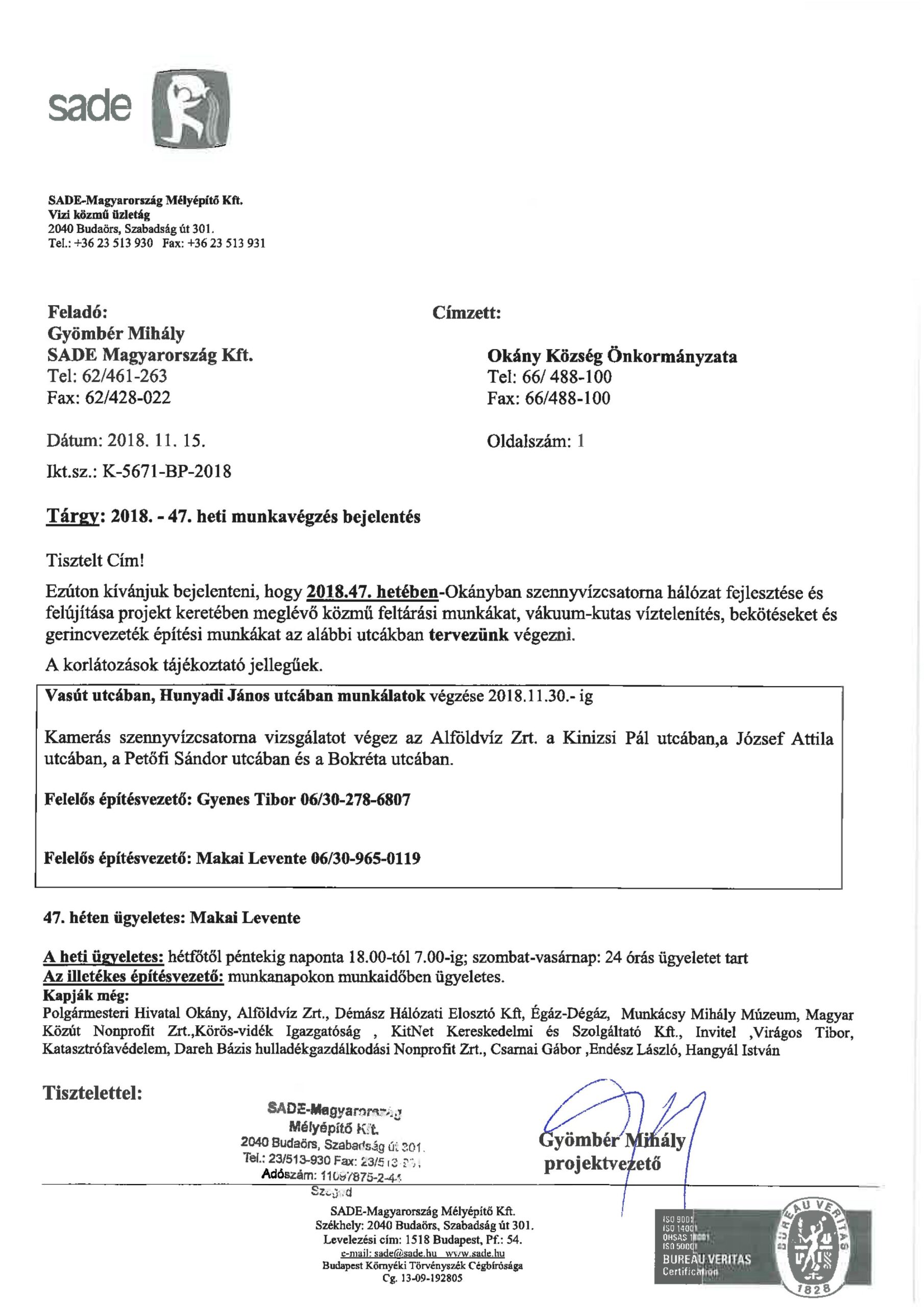 Értesítés munkavégzésről (47.hét)