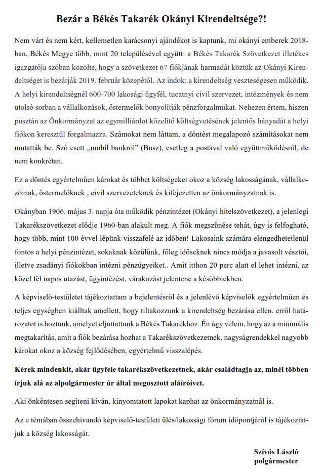 Bezár a Békés Takarék Okányi Kirendeltsége