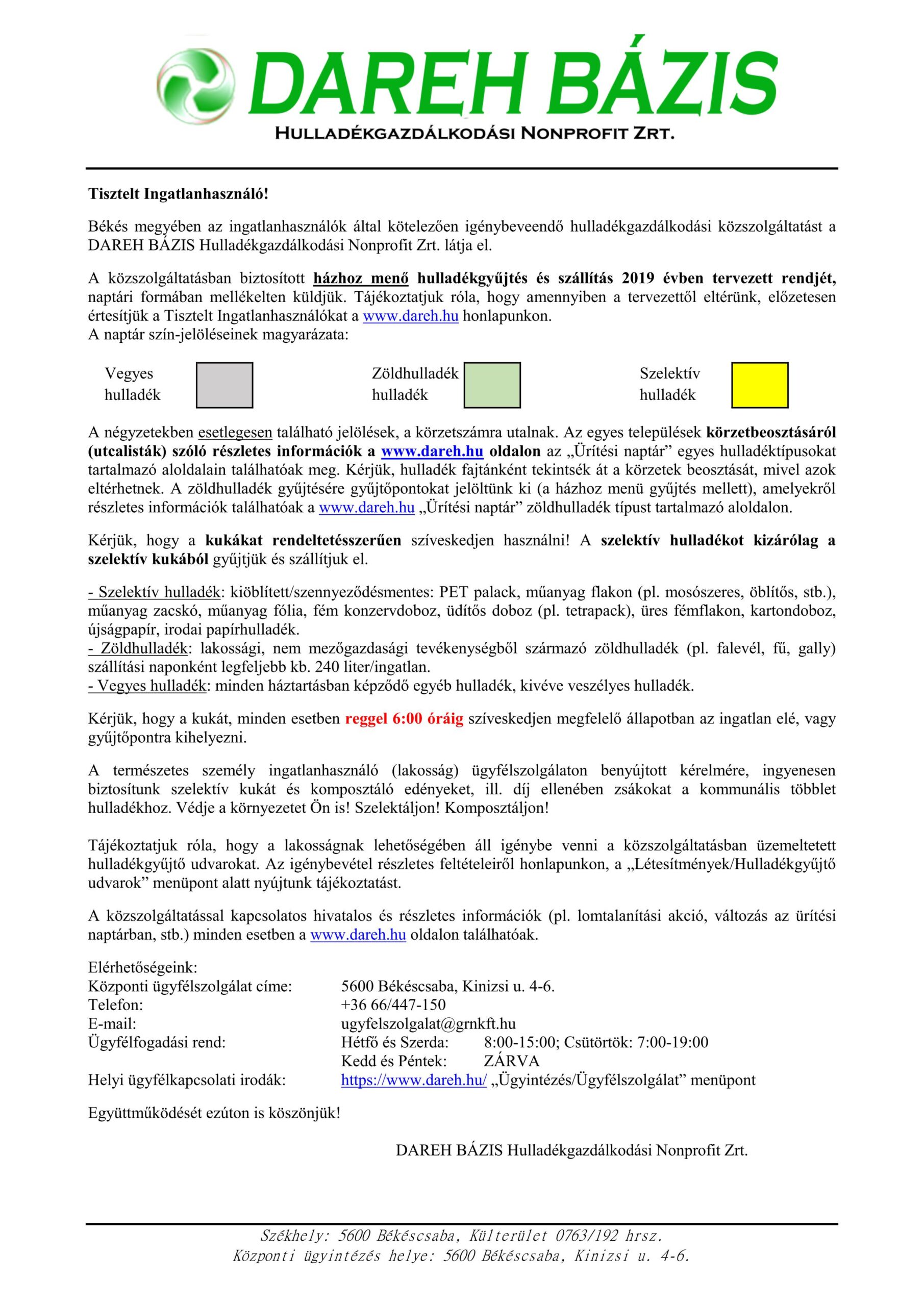 2019-es hulladékszállítási naptár