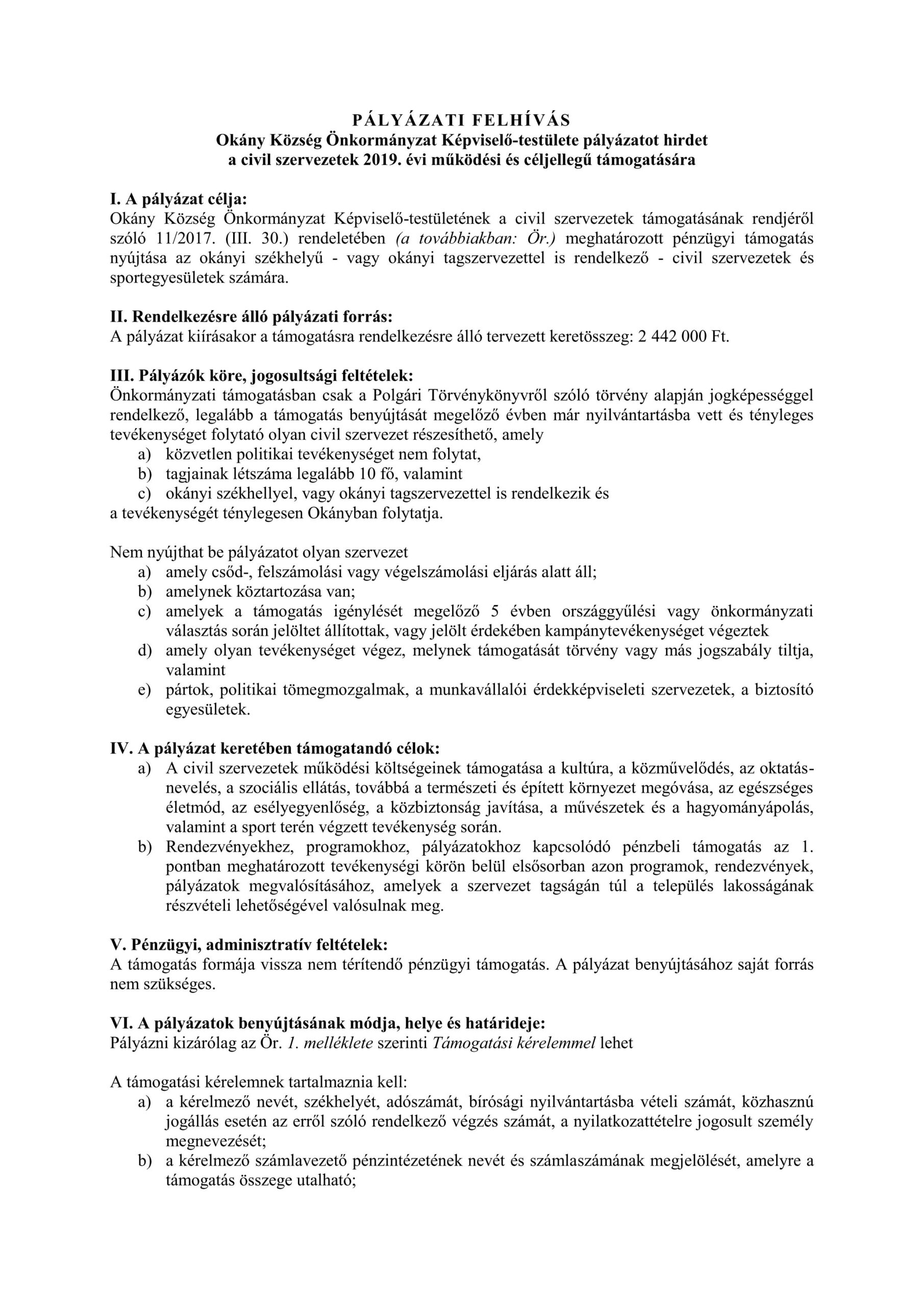 Pályázati felhívás civilszervezetek működési és céljellegű támogatására 2019