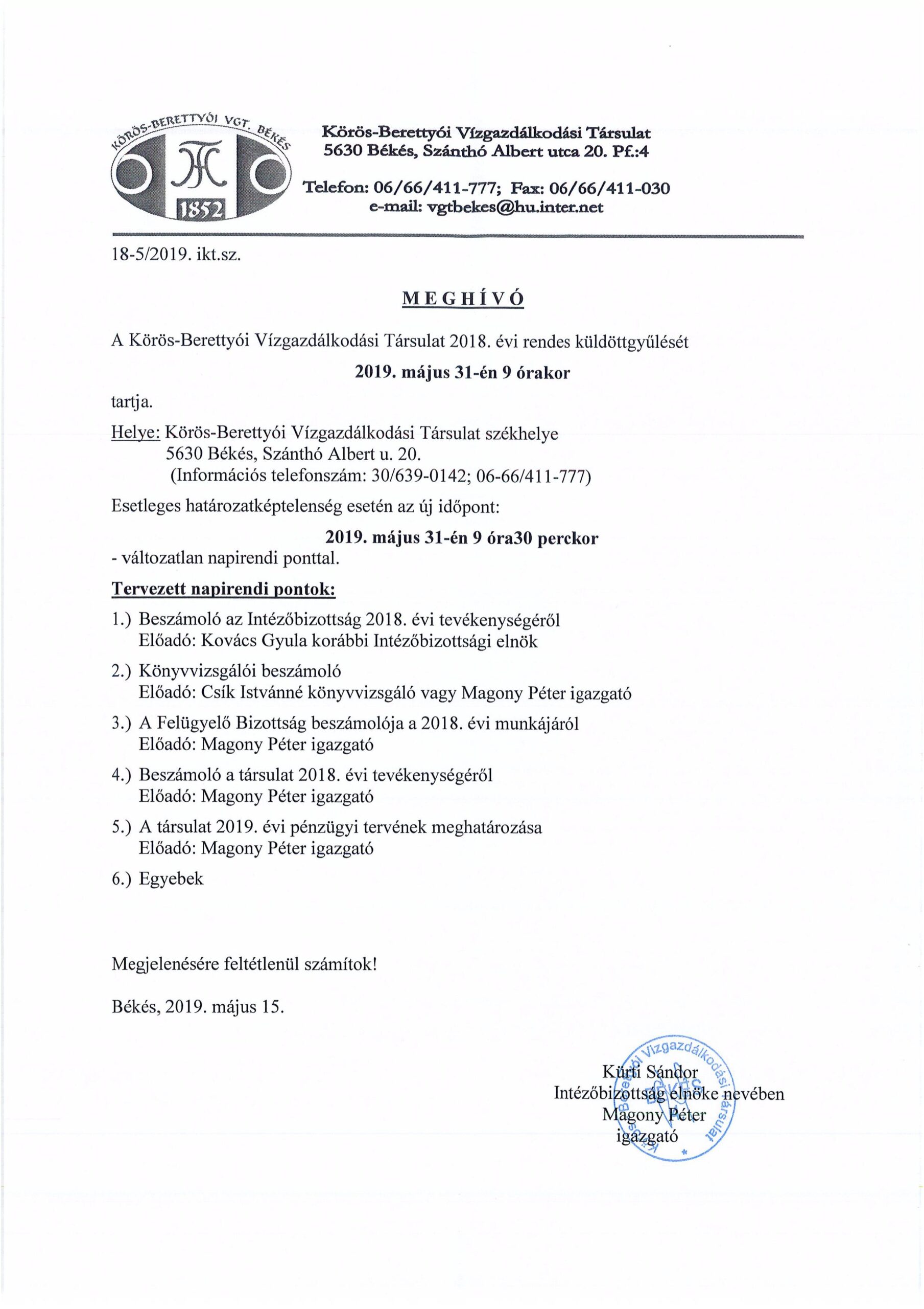 Meghívó a Körös-Berettyói Vízgazdálkodási Társulat 2018. évi rendes küldöttgyűlésére