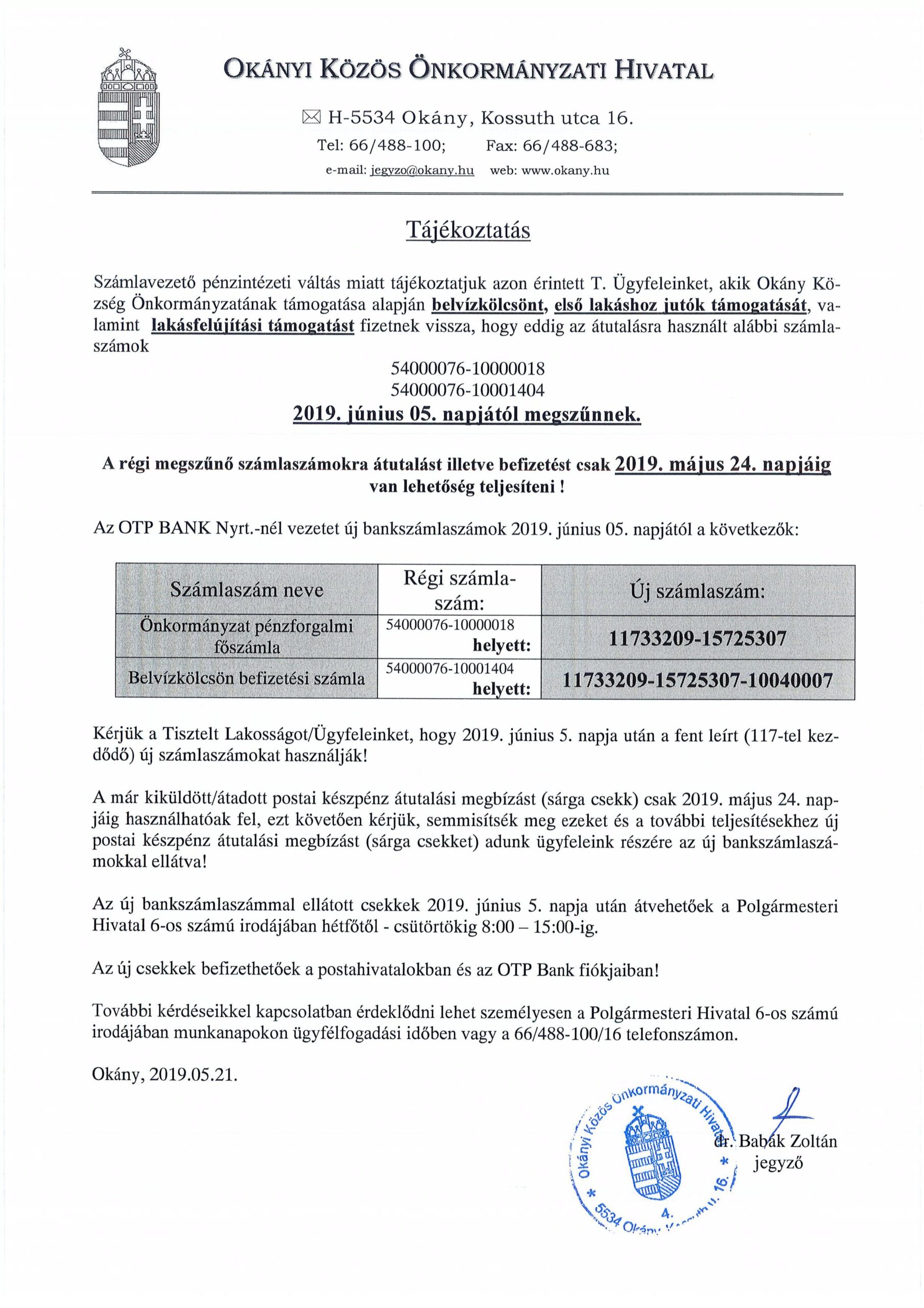 Tájékoztatás számlavezető pénzintézet váltásról