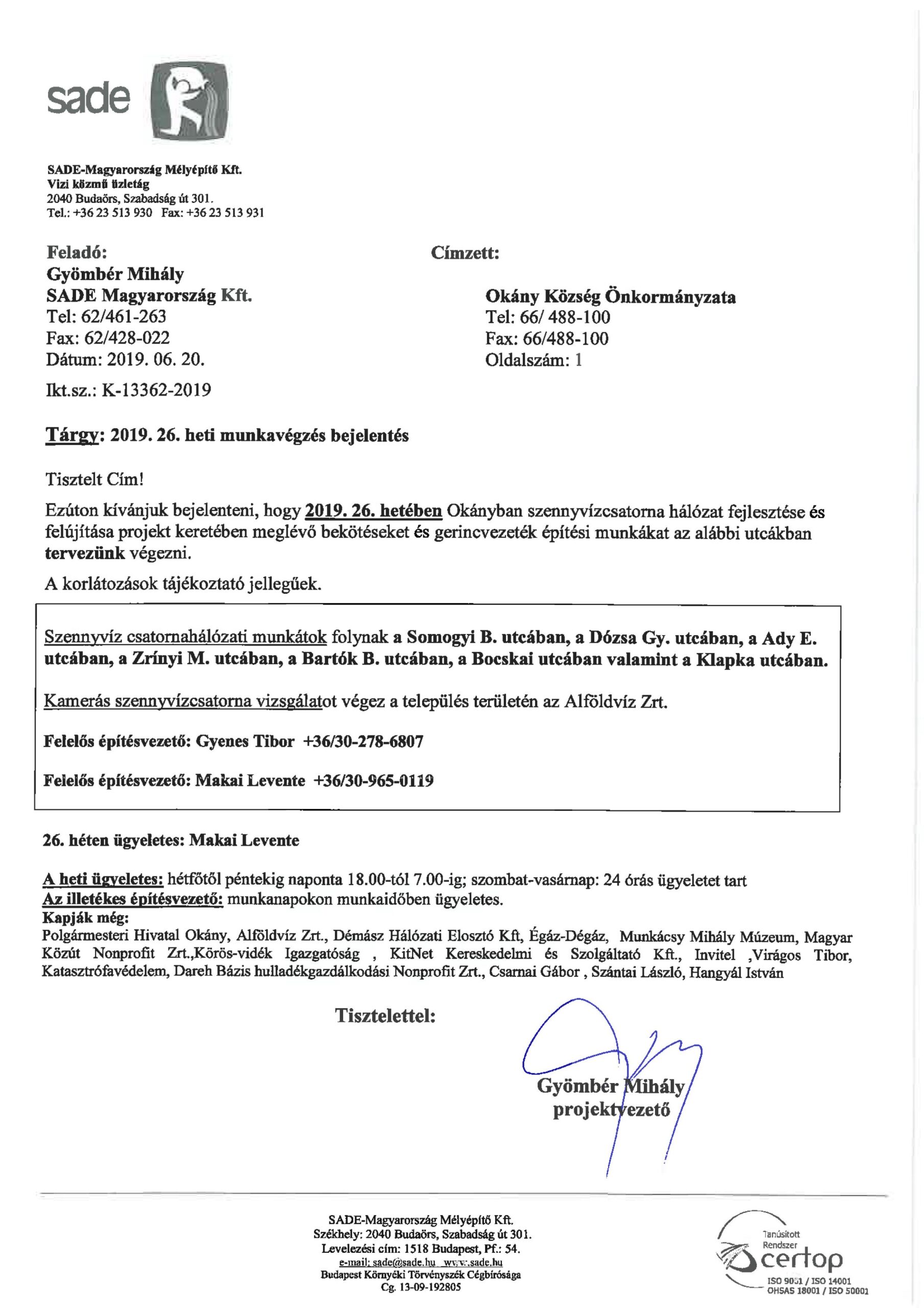 Értesítés munkavégzésről (26.hét)