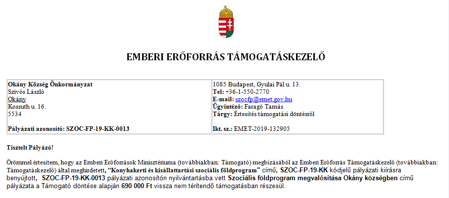 Értesítés nyertes pályázatról