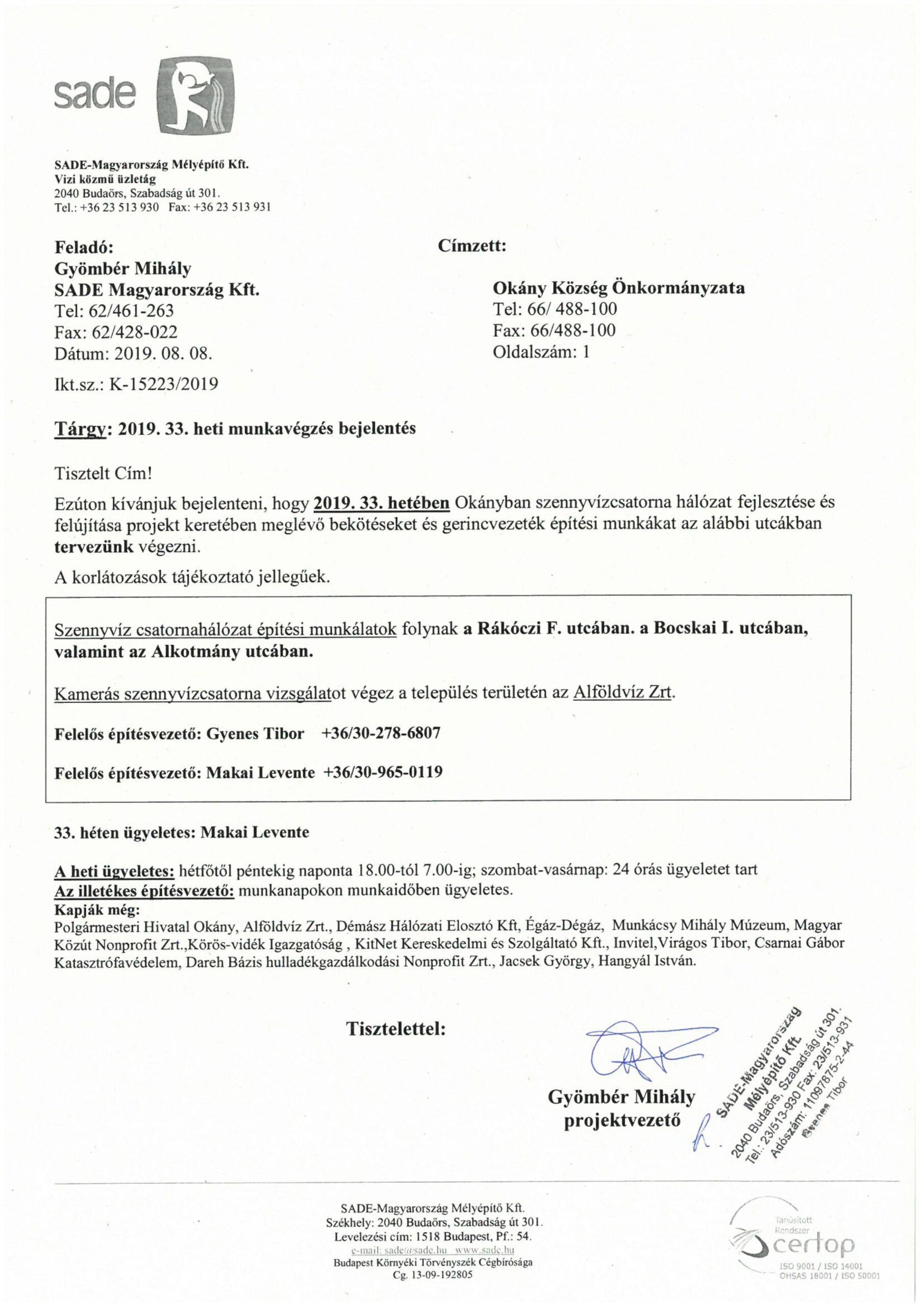 Értesítés munkavégzésről (33.hét)