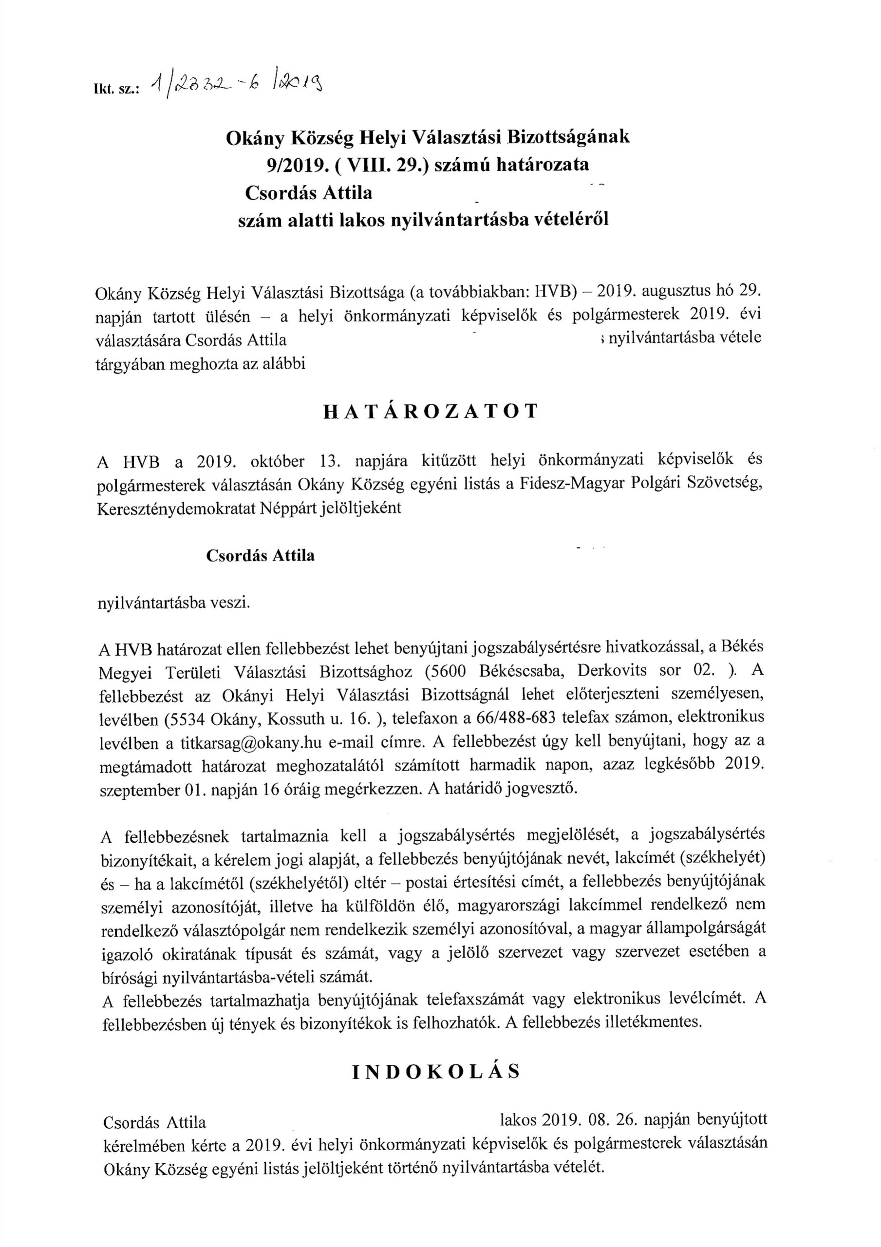 Csordás Attila nyilvántartásba vétele