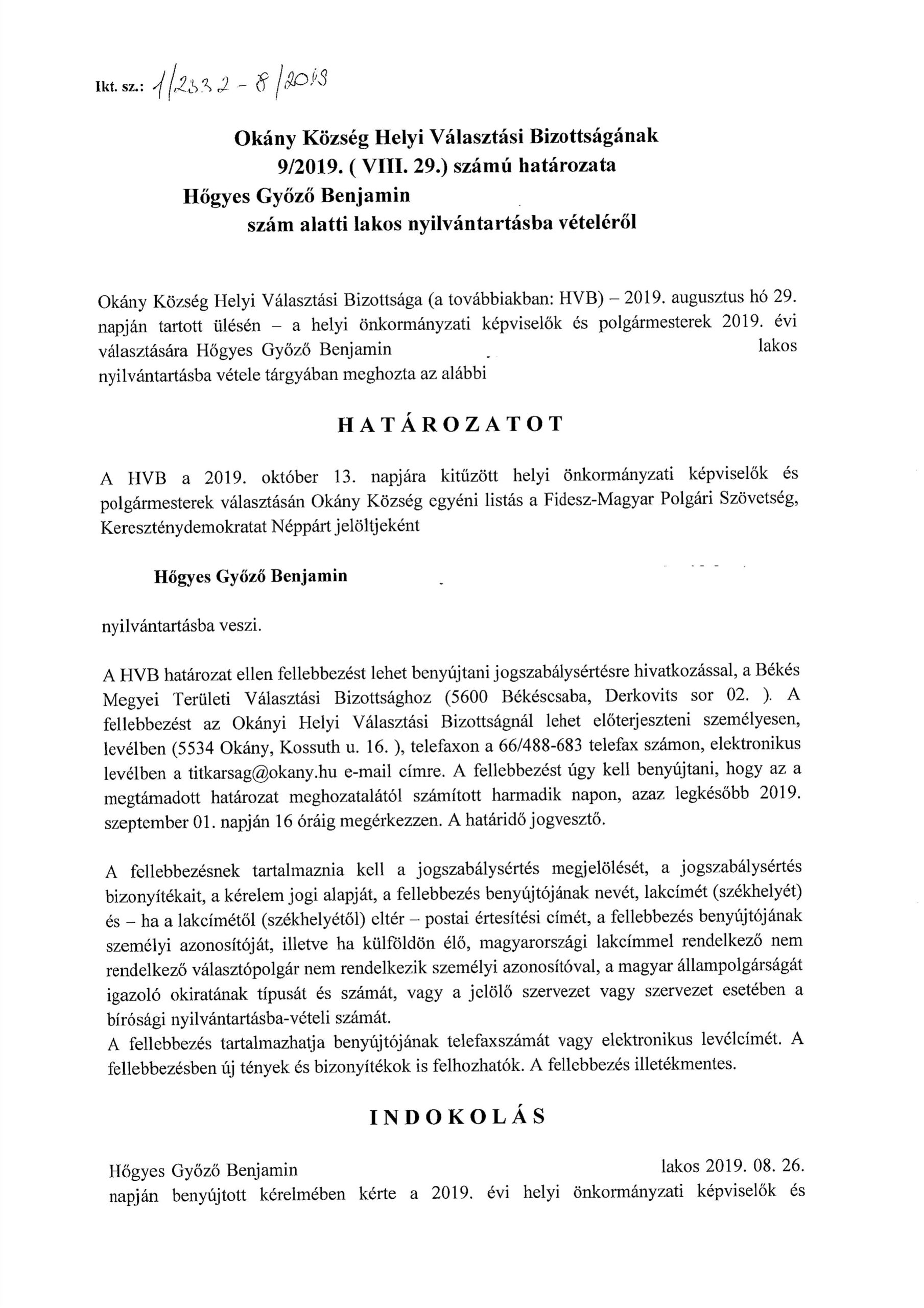 Hőgyes Győző Benjamin nyilvántartásba vétele