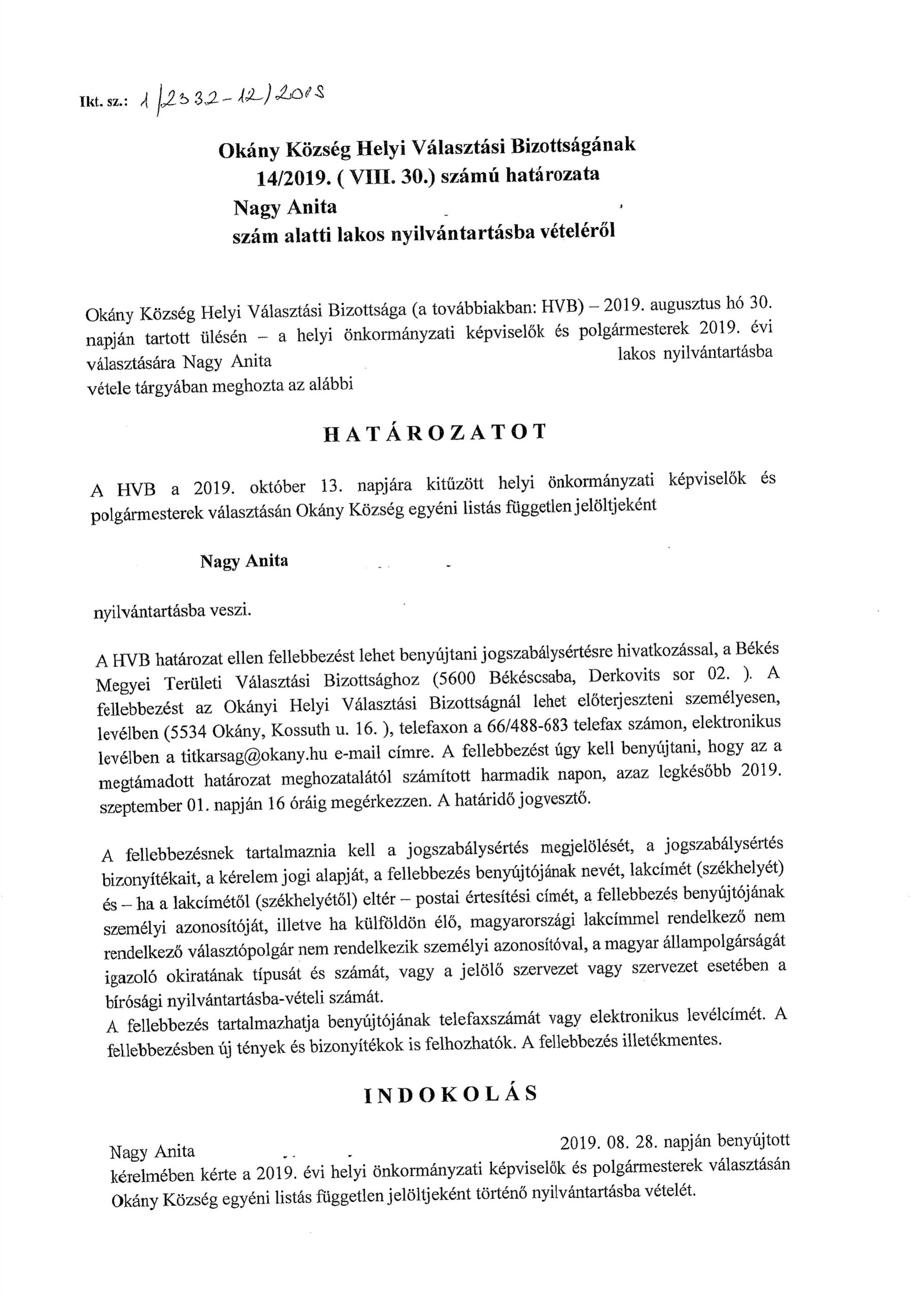 Nagy Anita nyilvántartásba vétele