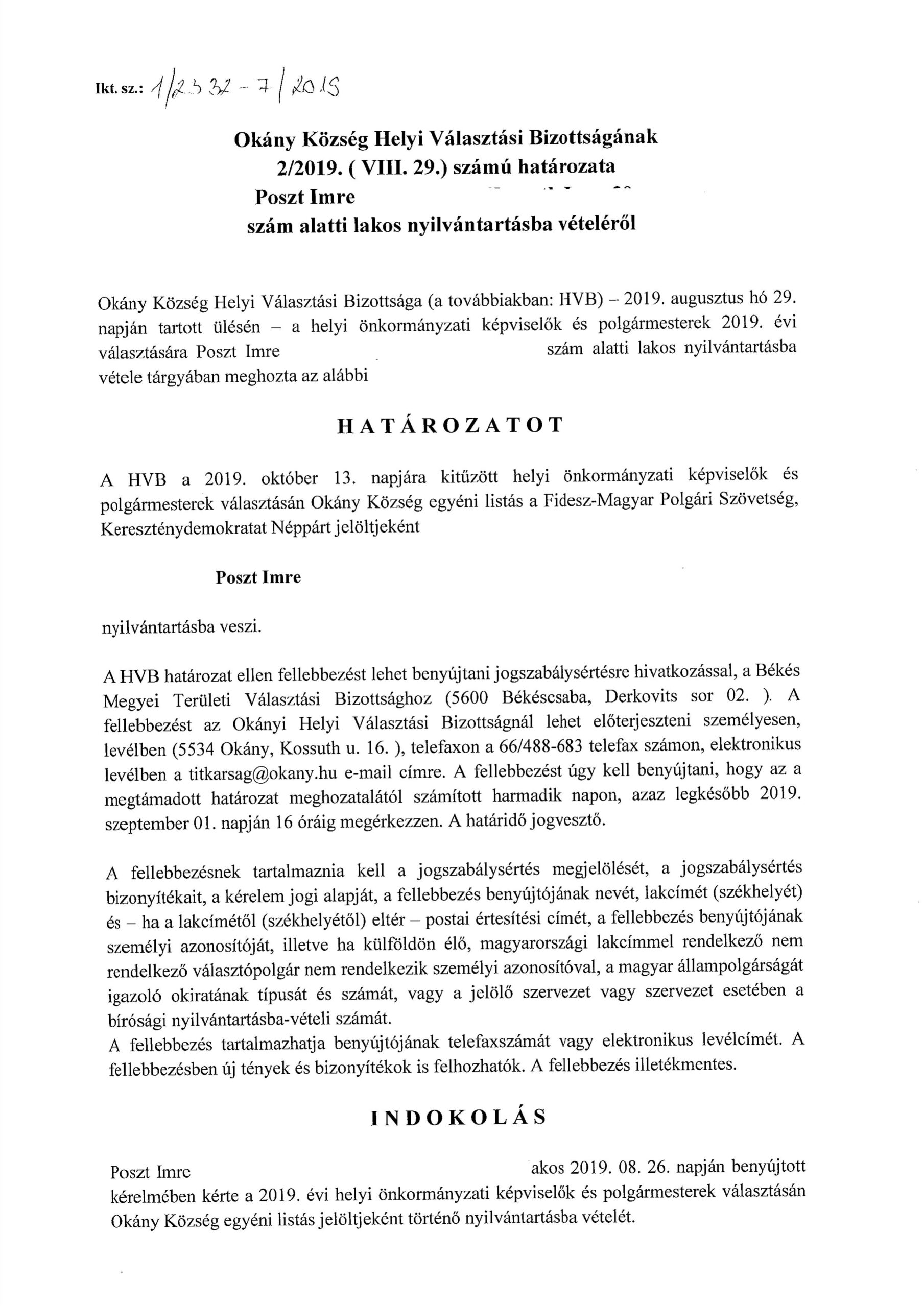 Poszt Imre nyilvántartásba vétele