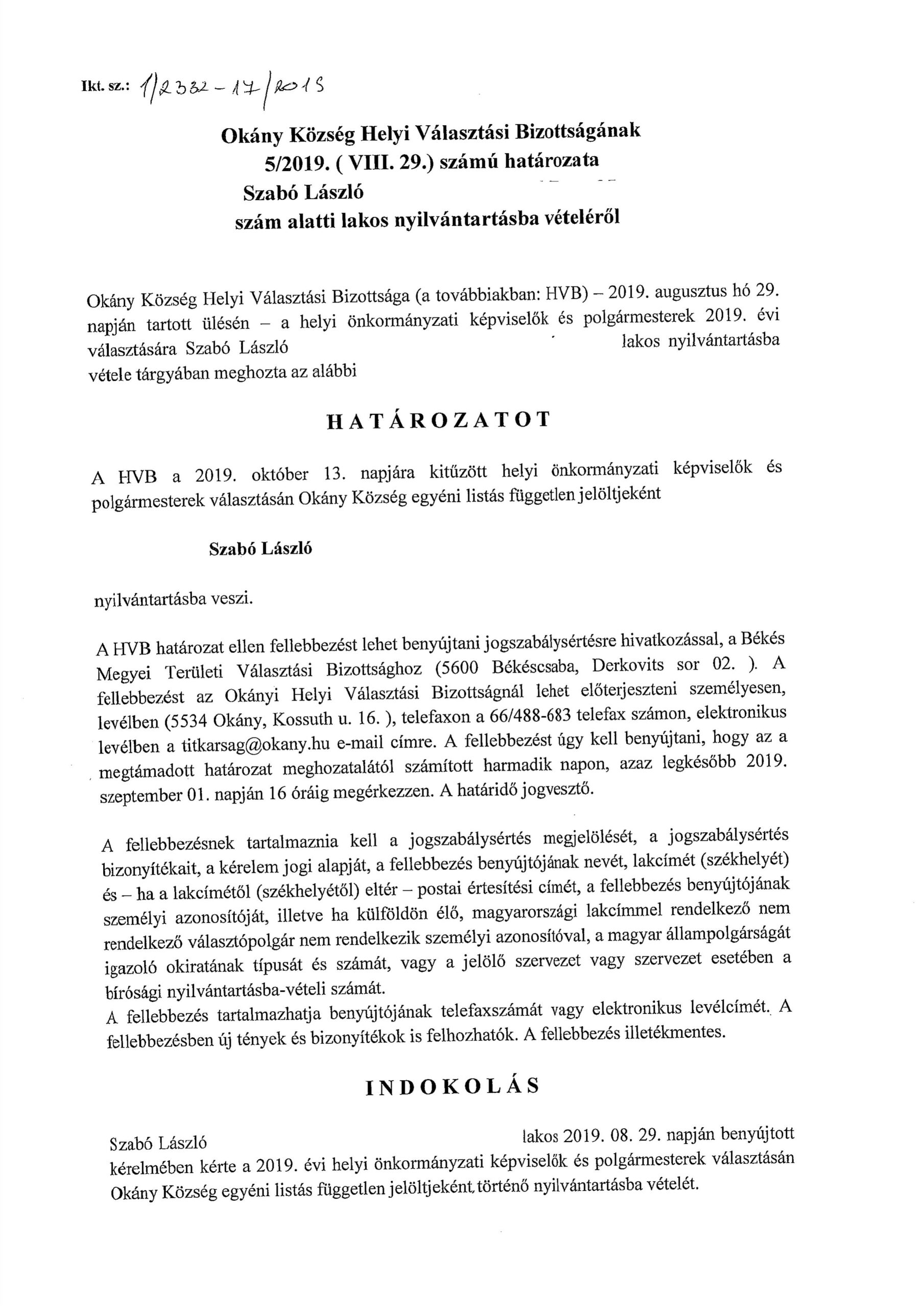 Szabó László nyilvántartásba vétele