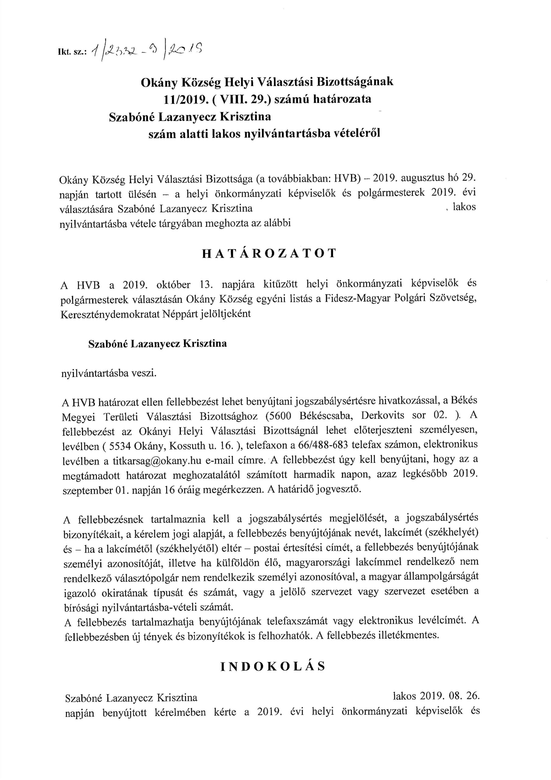 Szabóné Lazanyecz Krisztina nyilvántartásba vétele