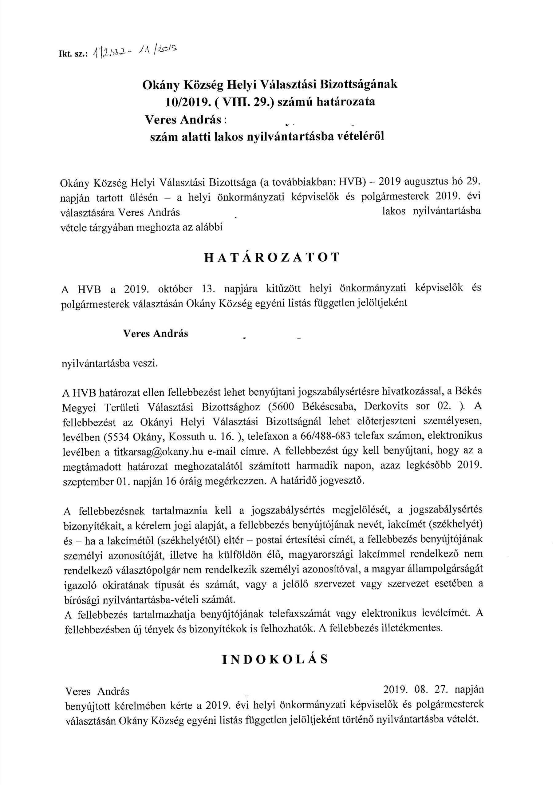 Veres András nyilvántartásba vétele