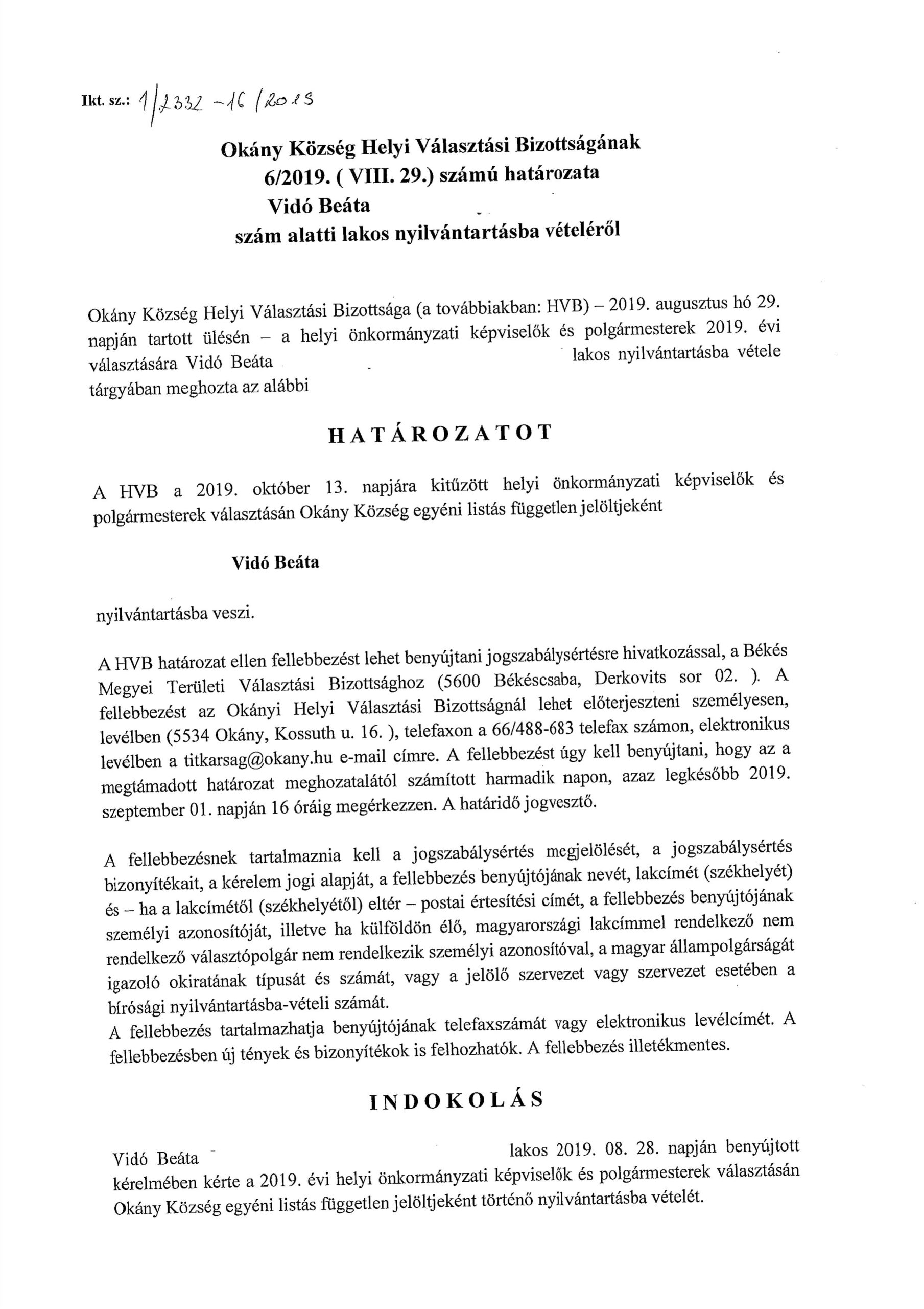 Vidó Beáta nyilvántartásba vétele