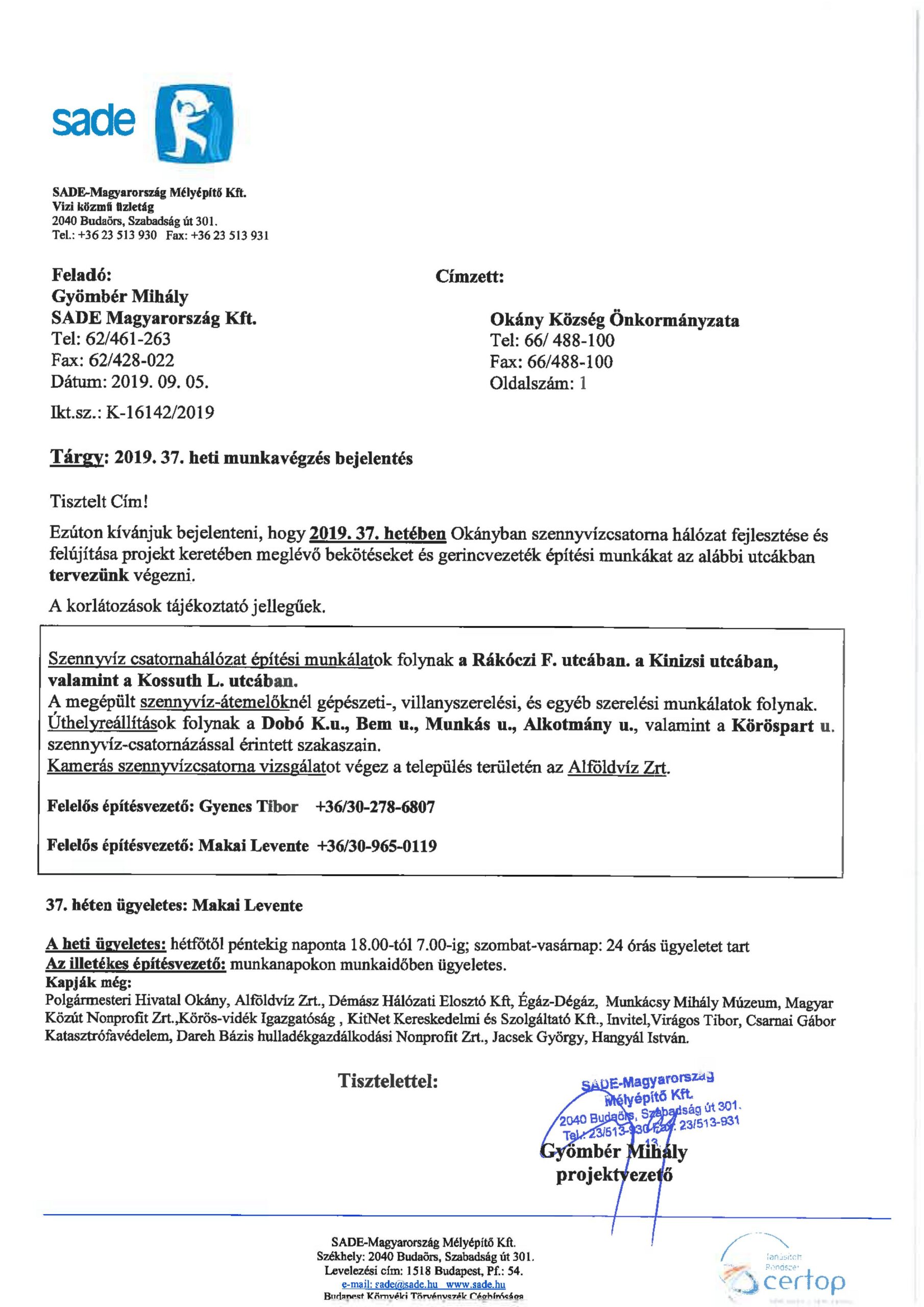 Értesítés munkavégzésről (37.hét)