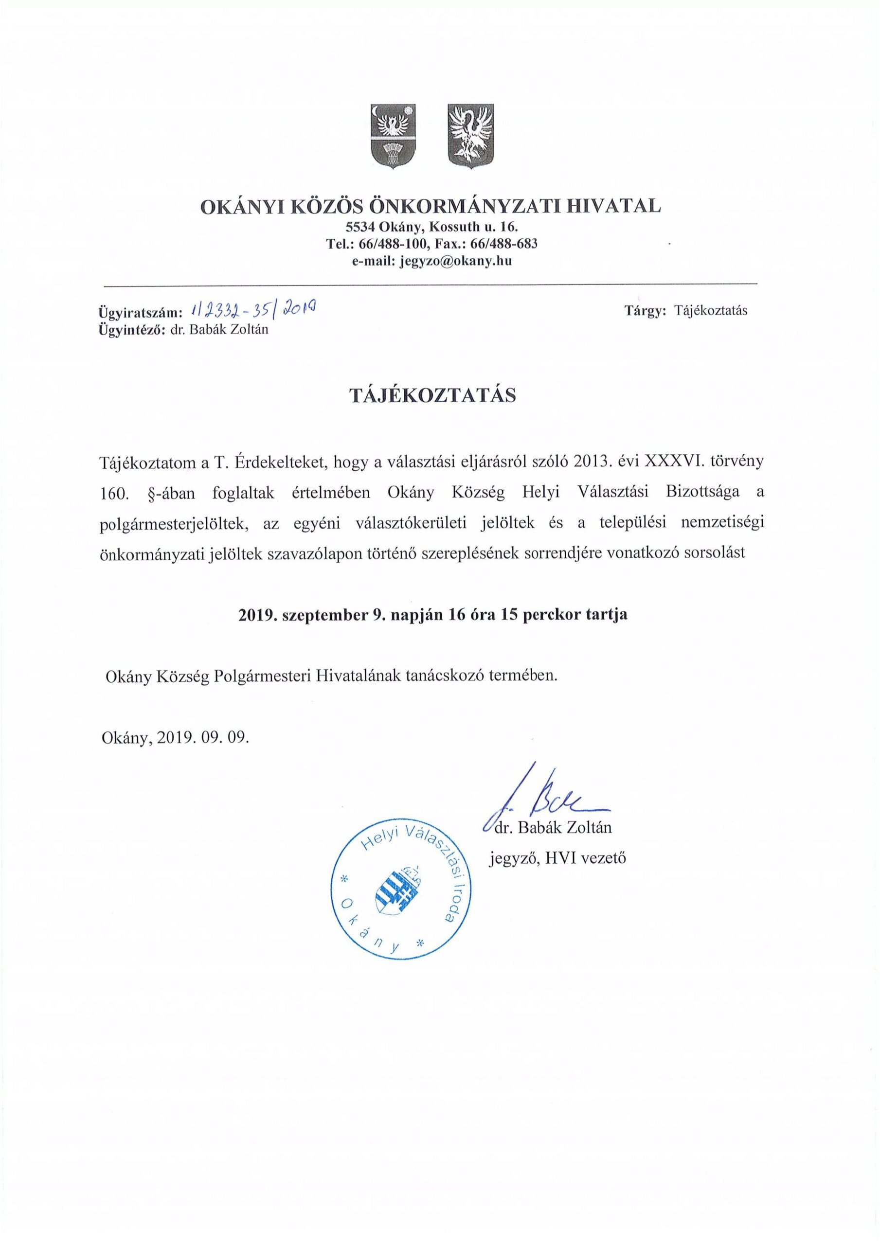 Tájékoztatás szavazólapon történő szerepeltetés sorrendjének sorsolásáról