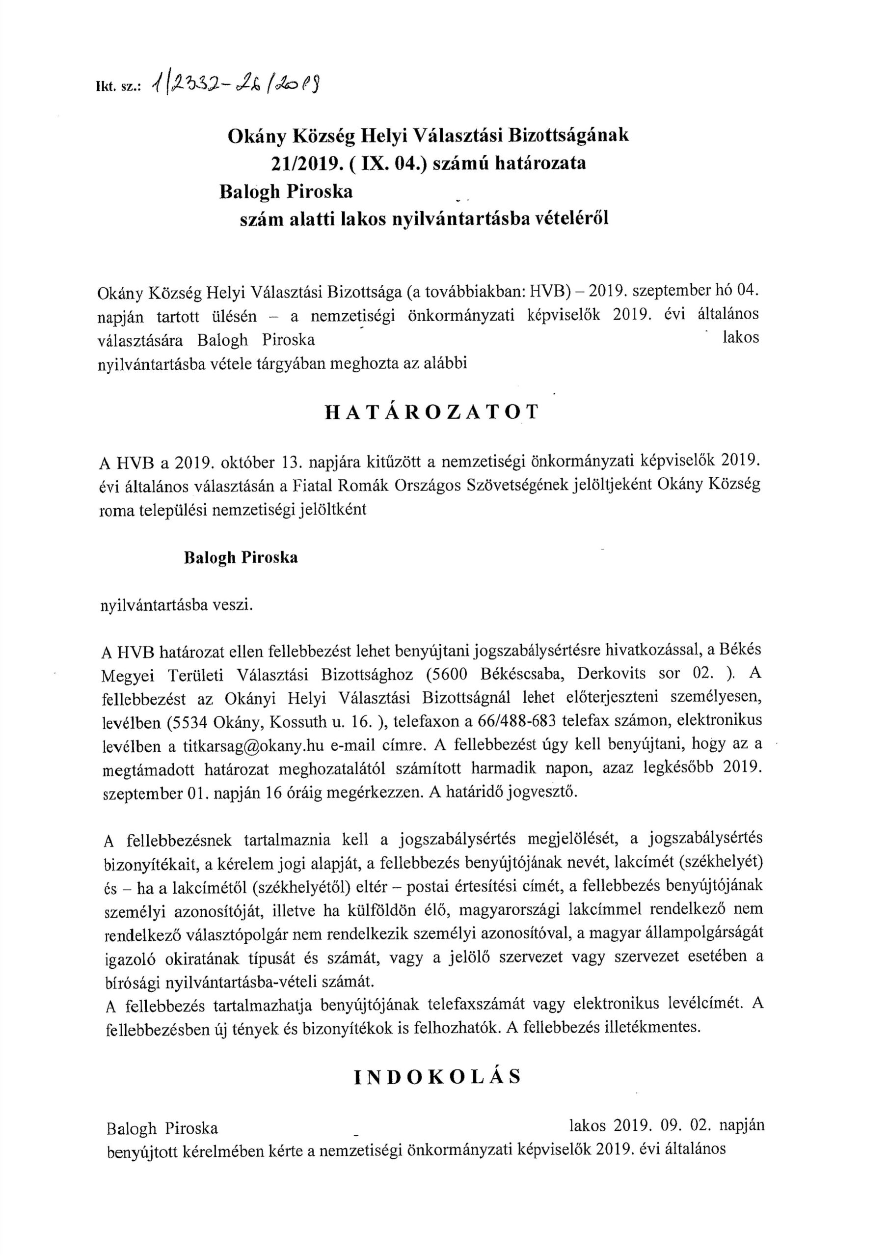 Balogh Piroska nyilvántartásba vétele