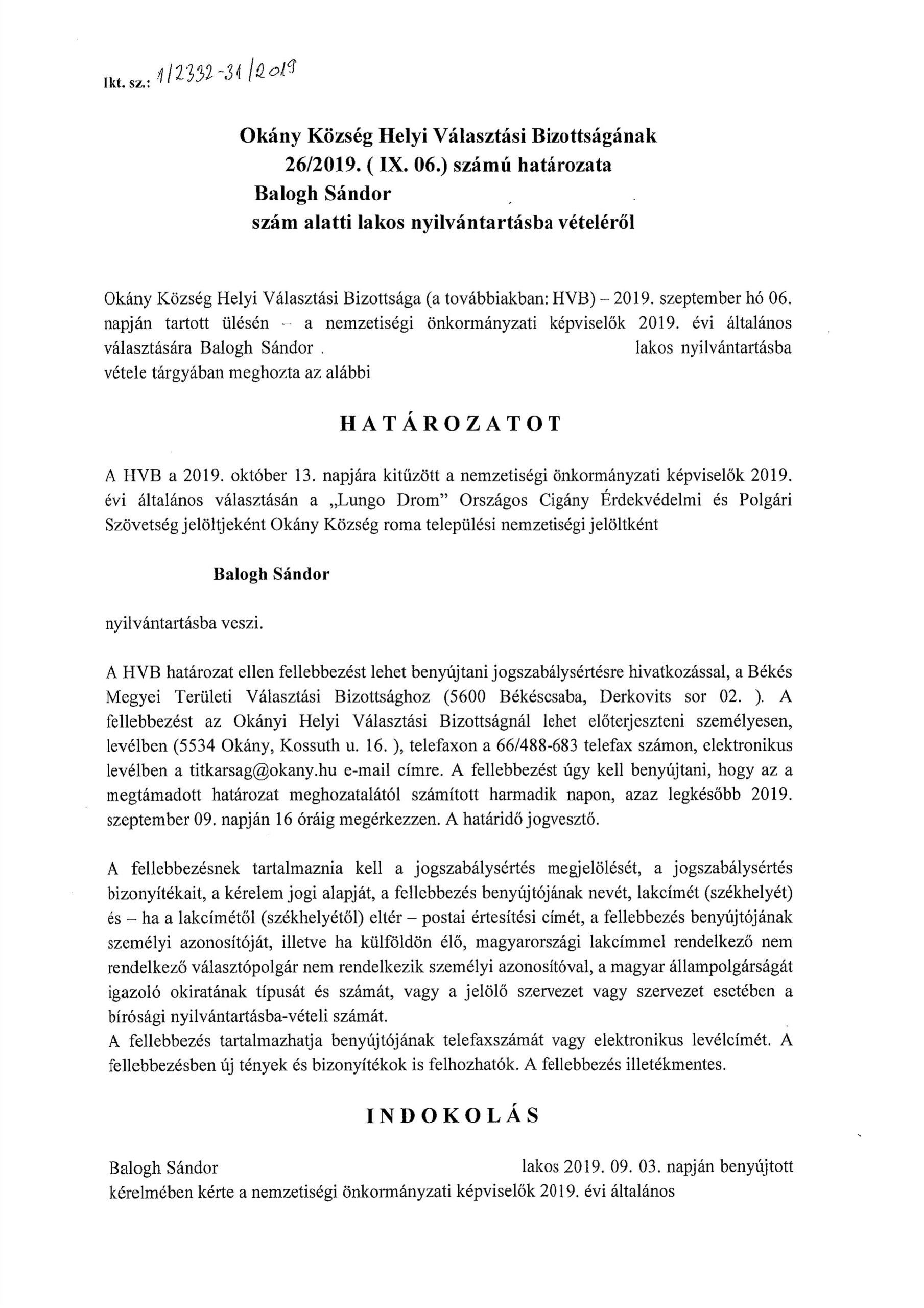 Balogh Sándor nyilvántartásba vétele