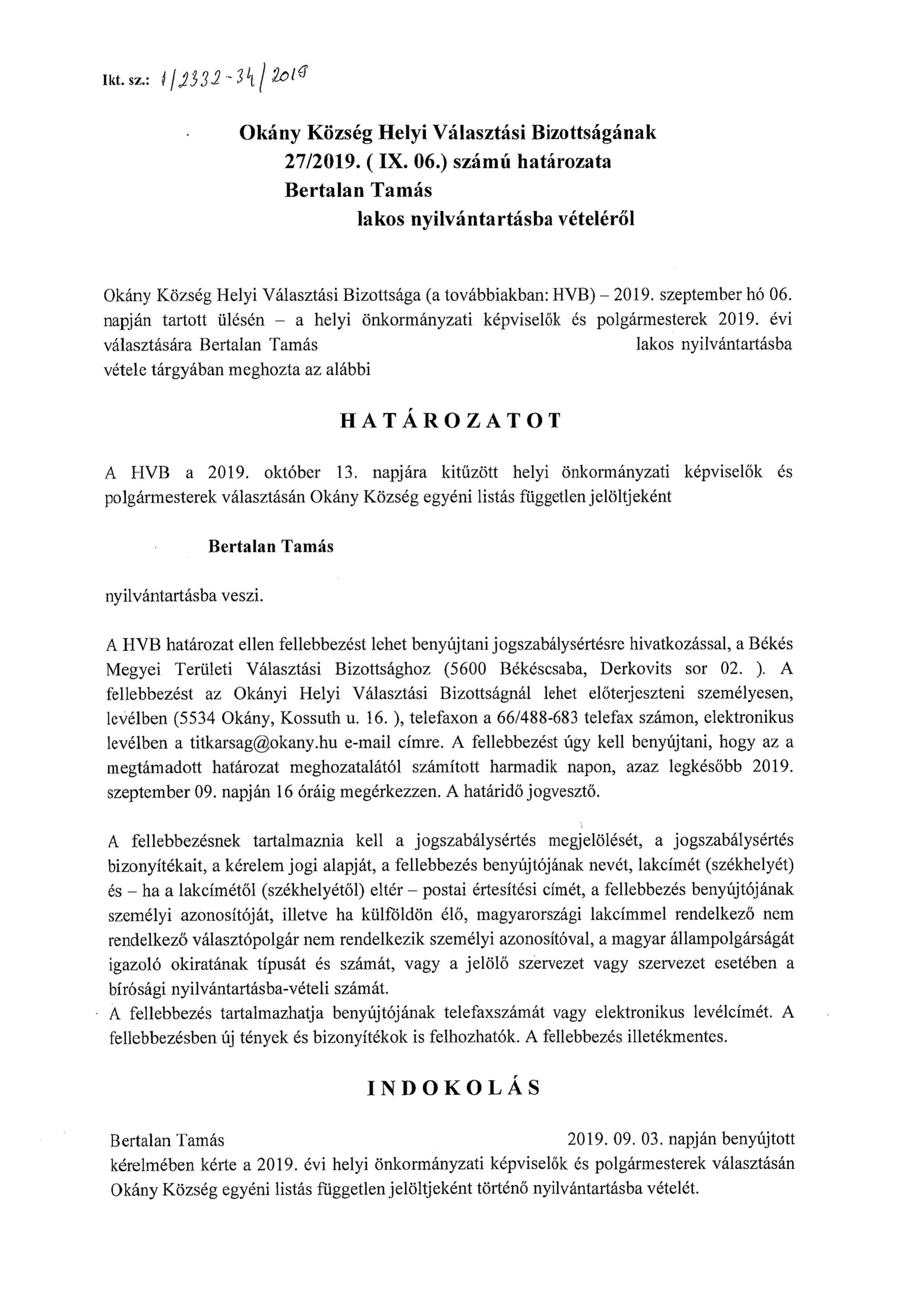 Bertalan Tamás nyilvántartásba vétel