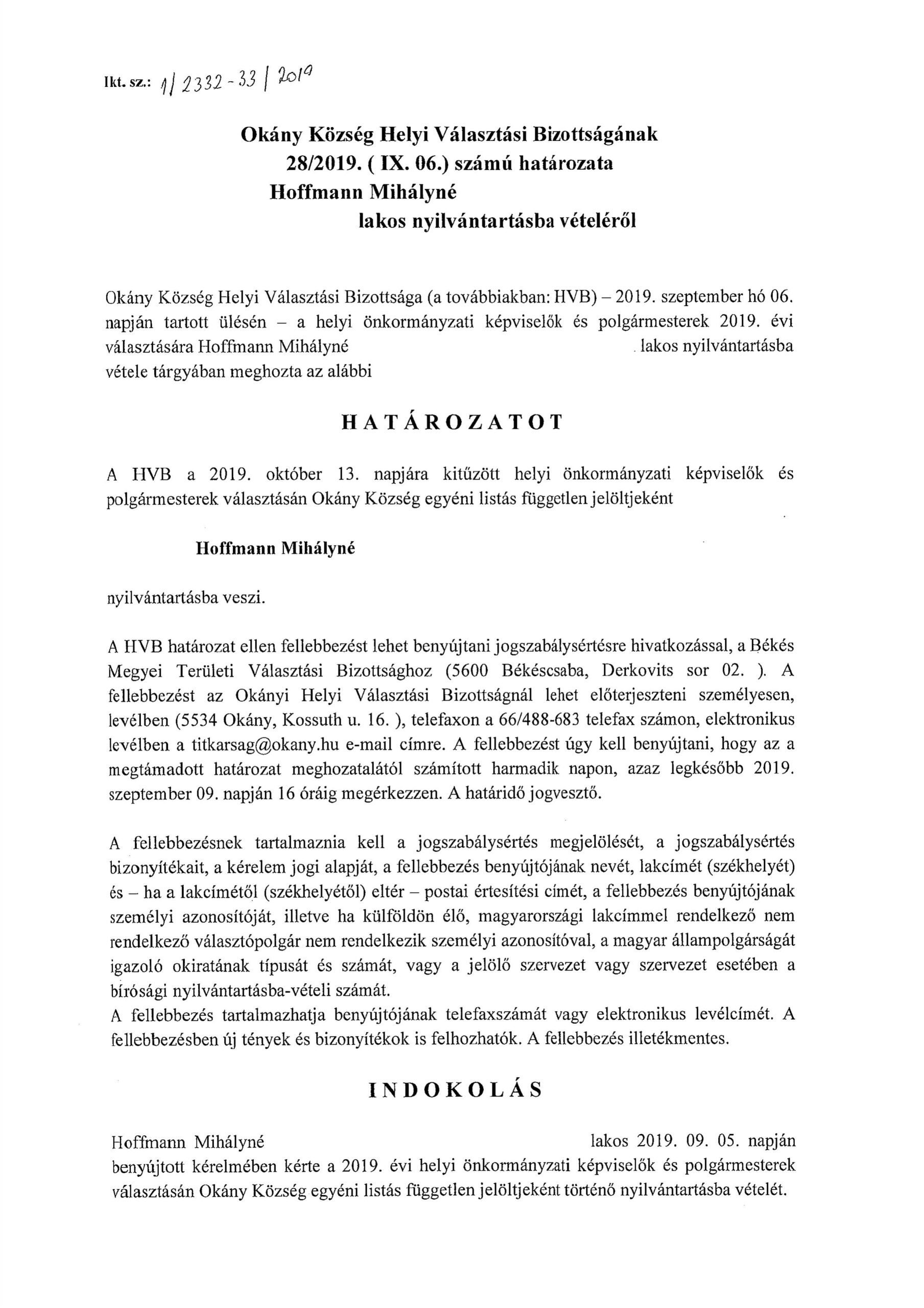 Hoffmann Mihályné nyilvántartásba vétele