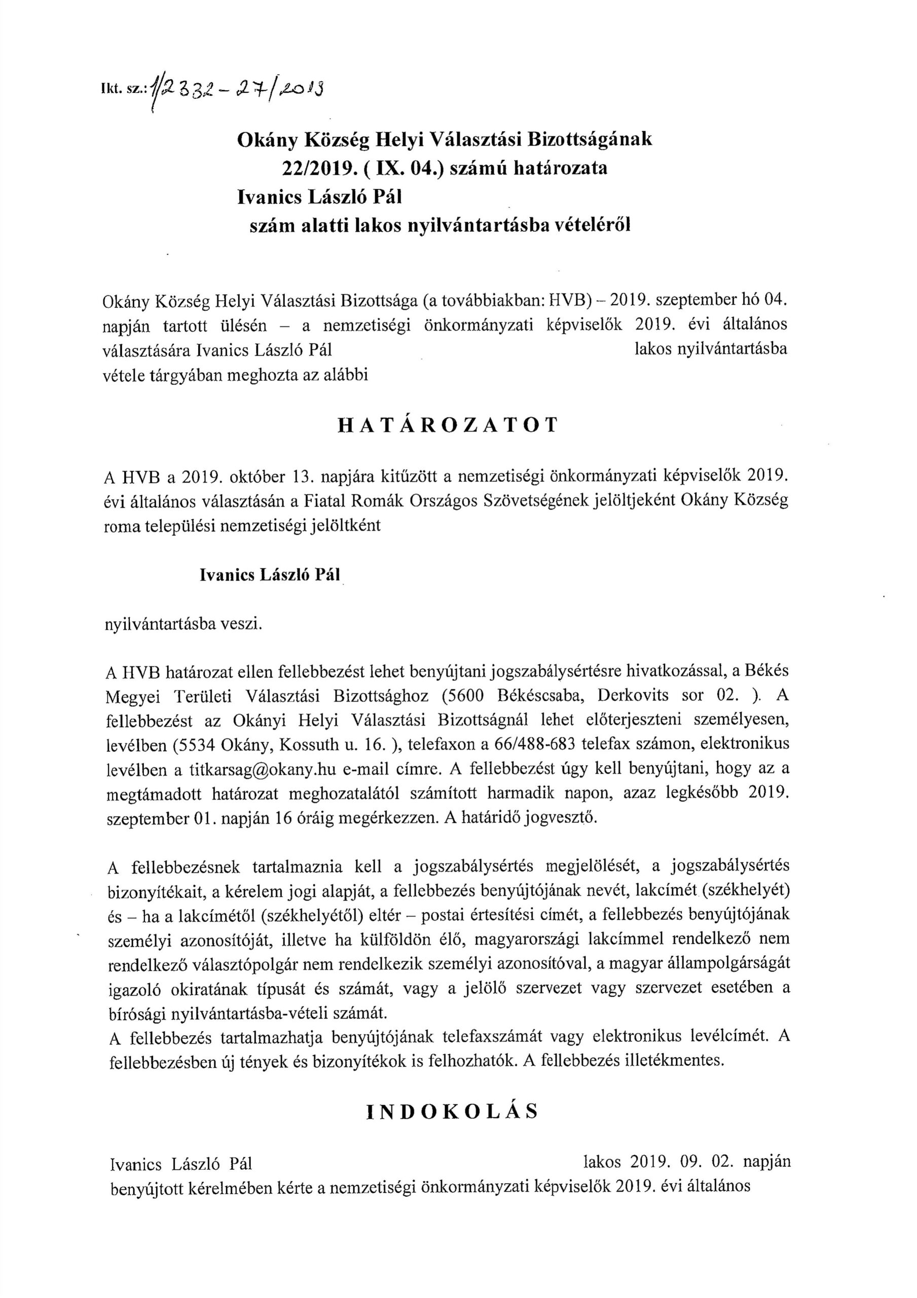 Ivanics László Pál nyilvántartásba vétele