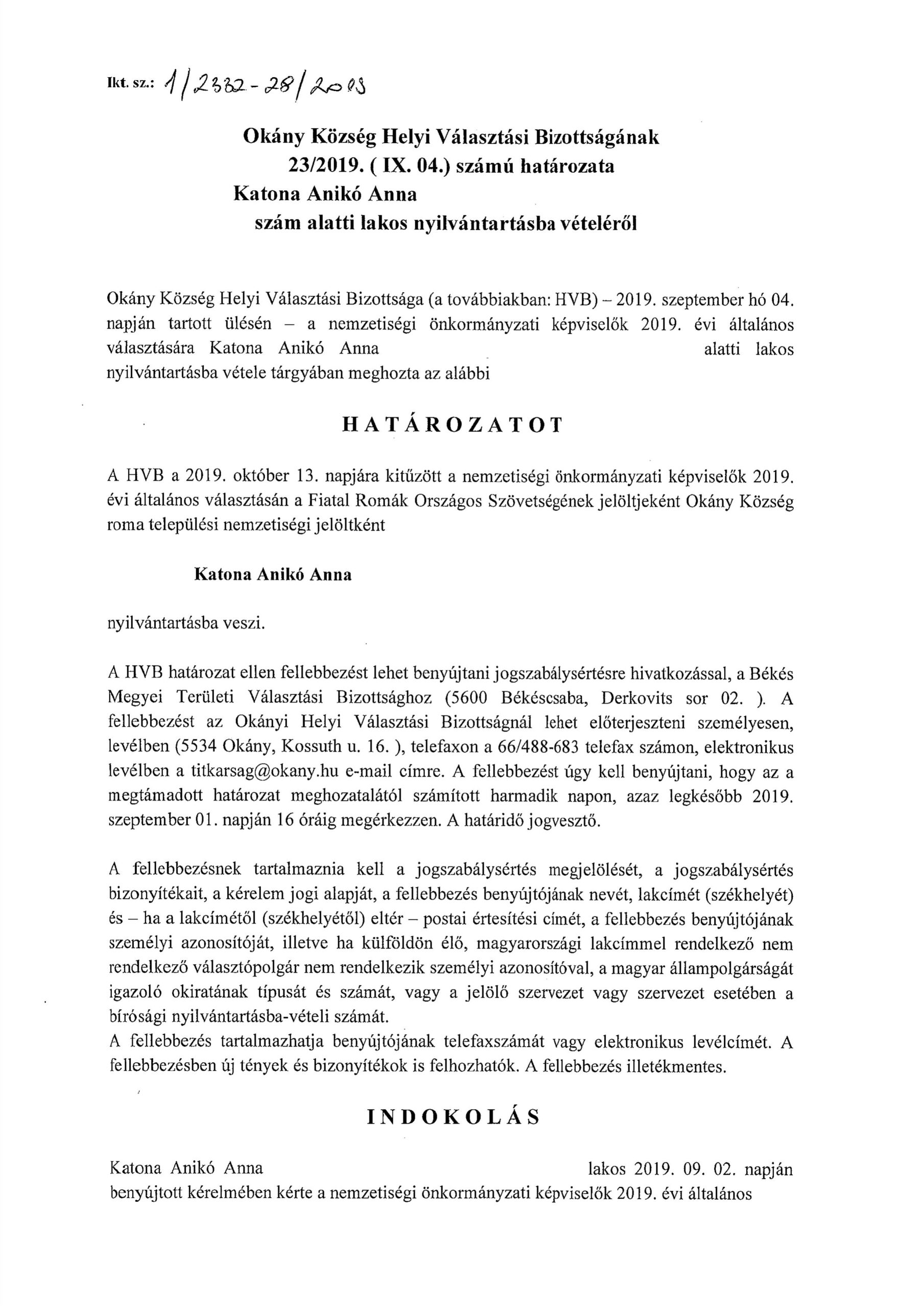 Katona Anikó Anna nyilvántartásba vétele