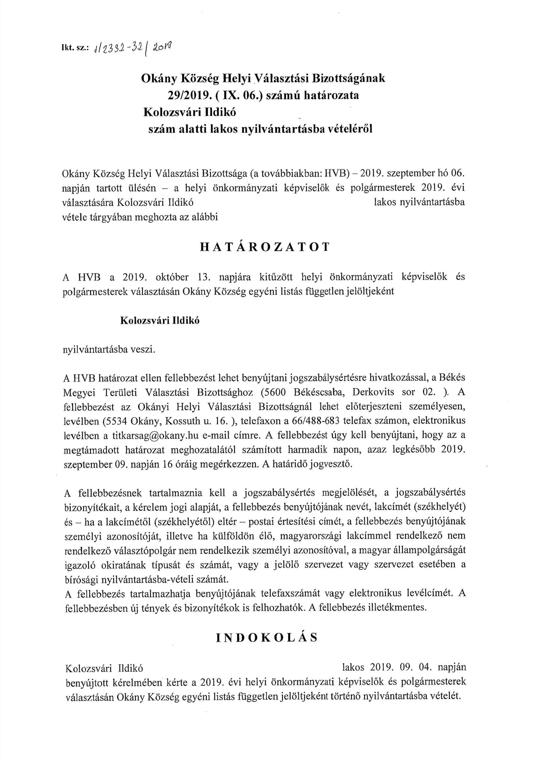 Kolozsvári Ildikó nyilvántartásba vétele