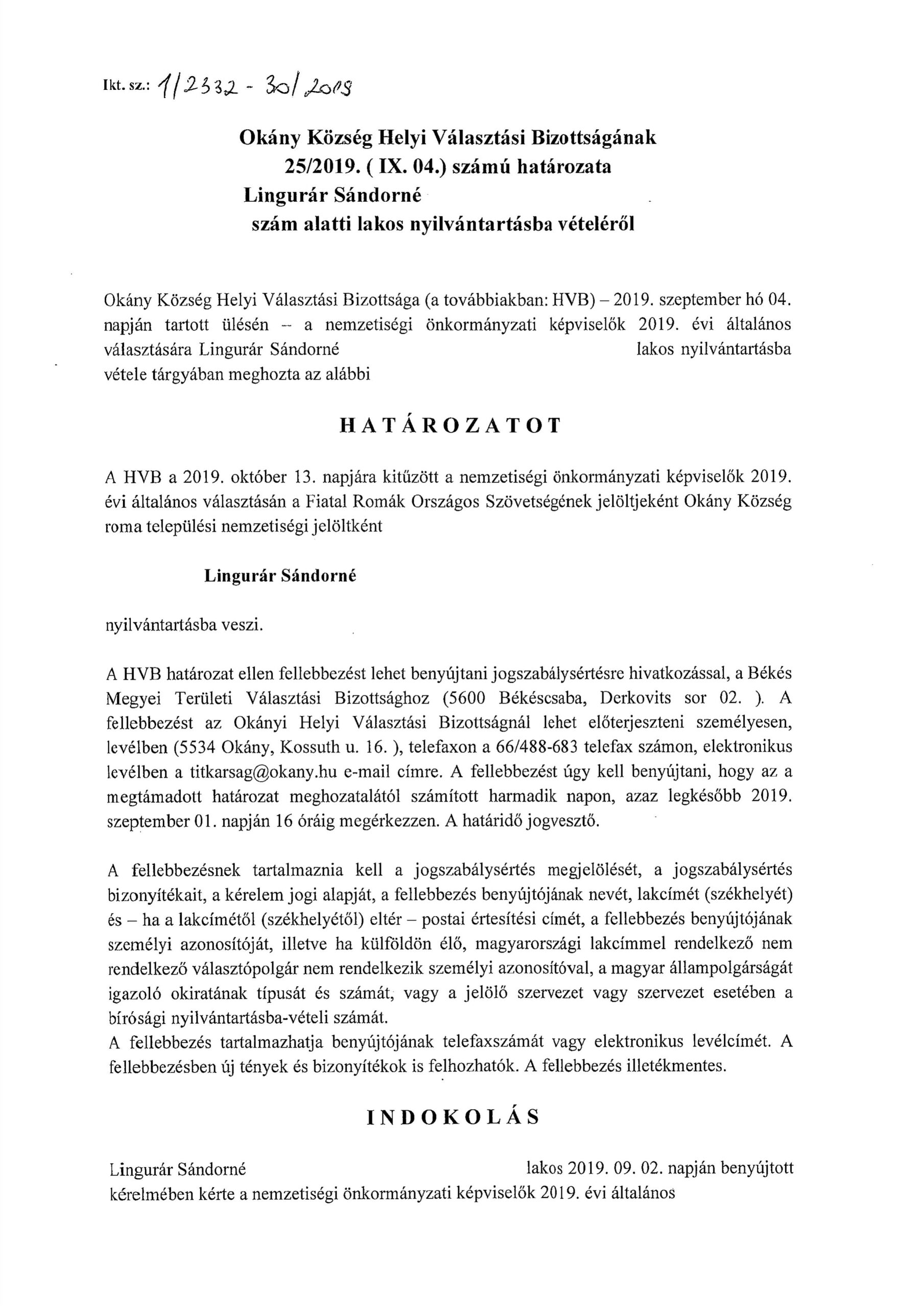 Lingurár Sándorné nyilvántartásba vétele