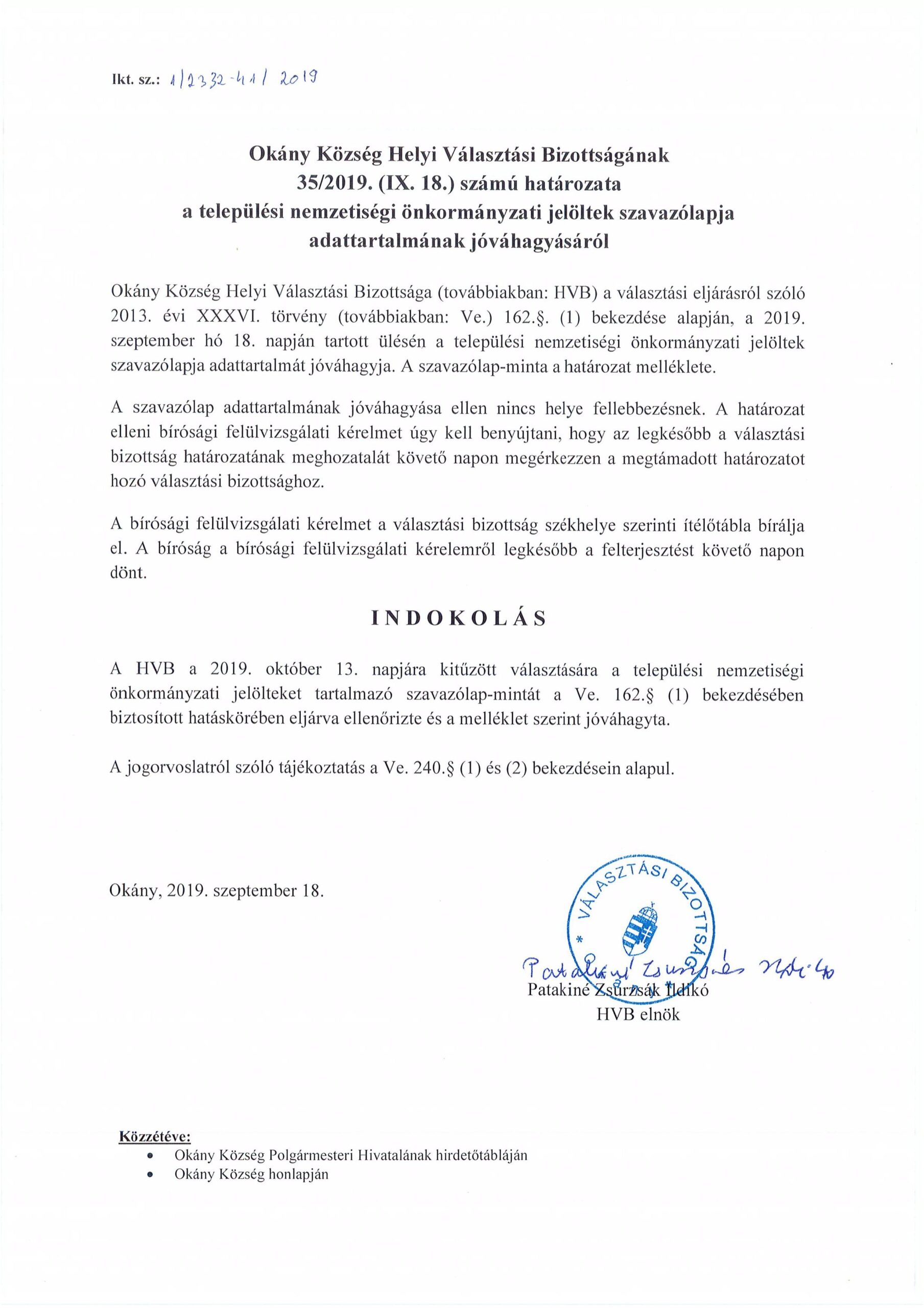 Települési nemzetiségi önkormányzati jelöltek szavazólapja