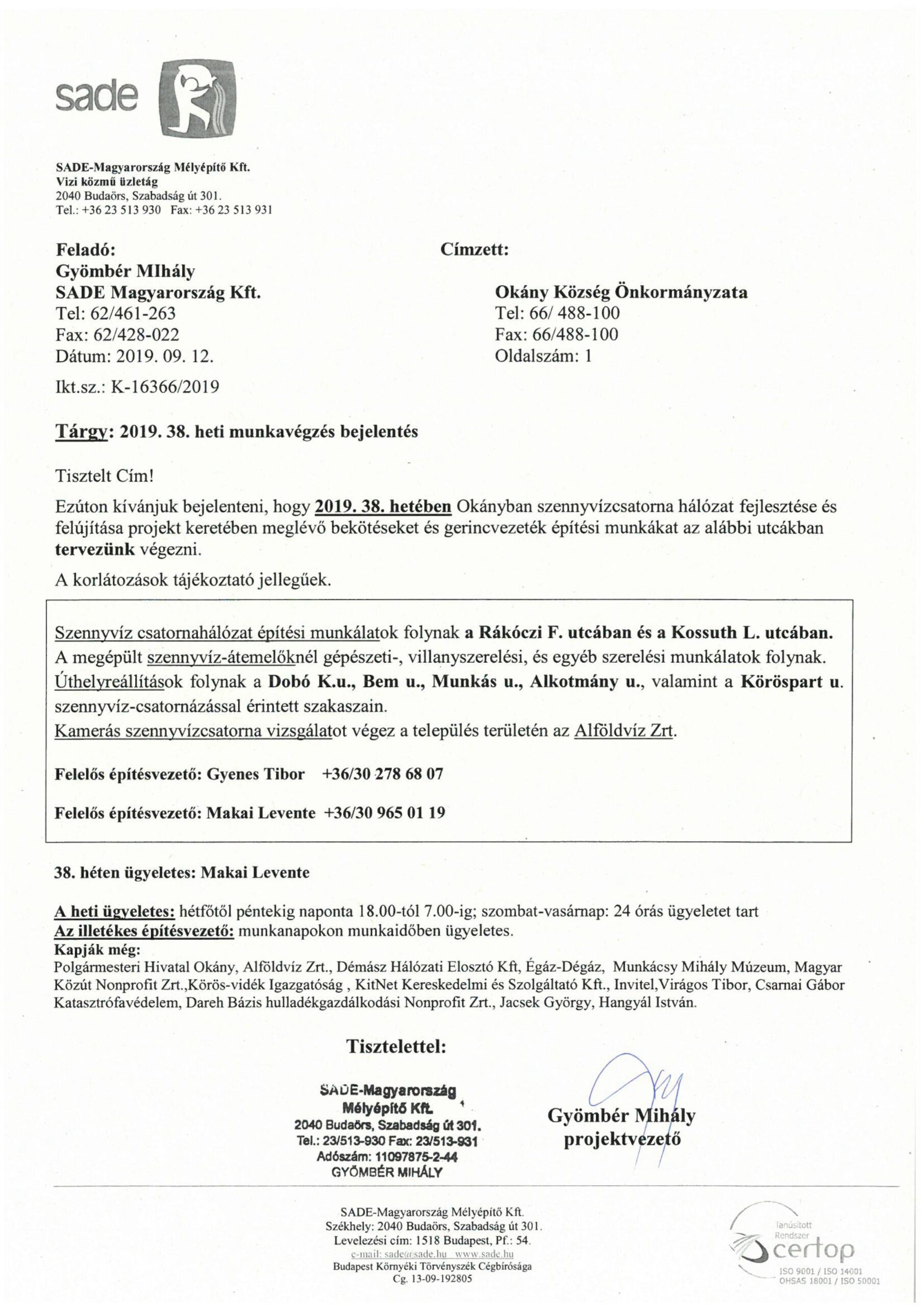 Értesítés munkavégzésről (38.hét)