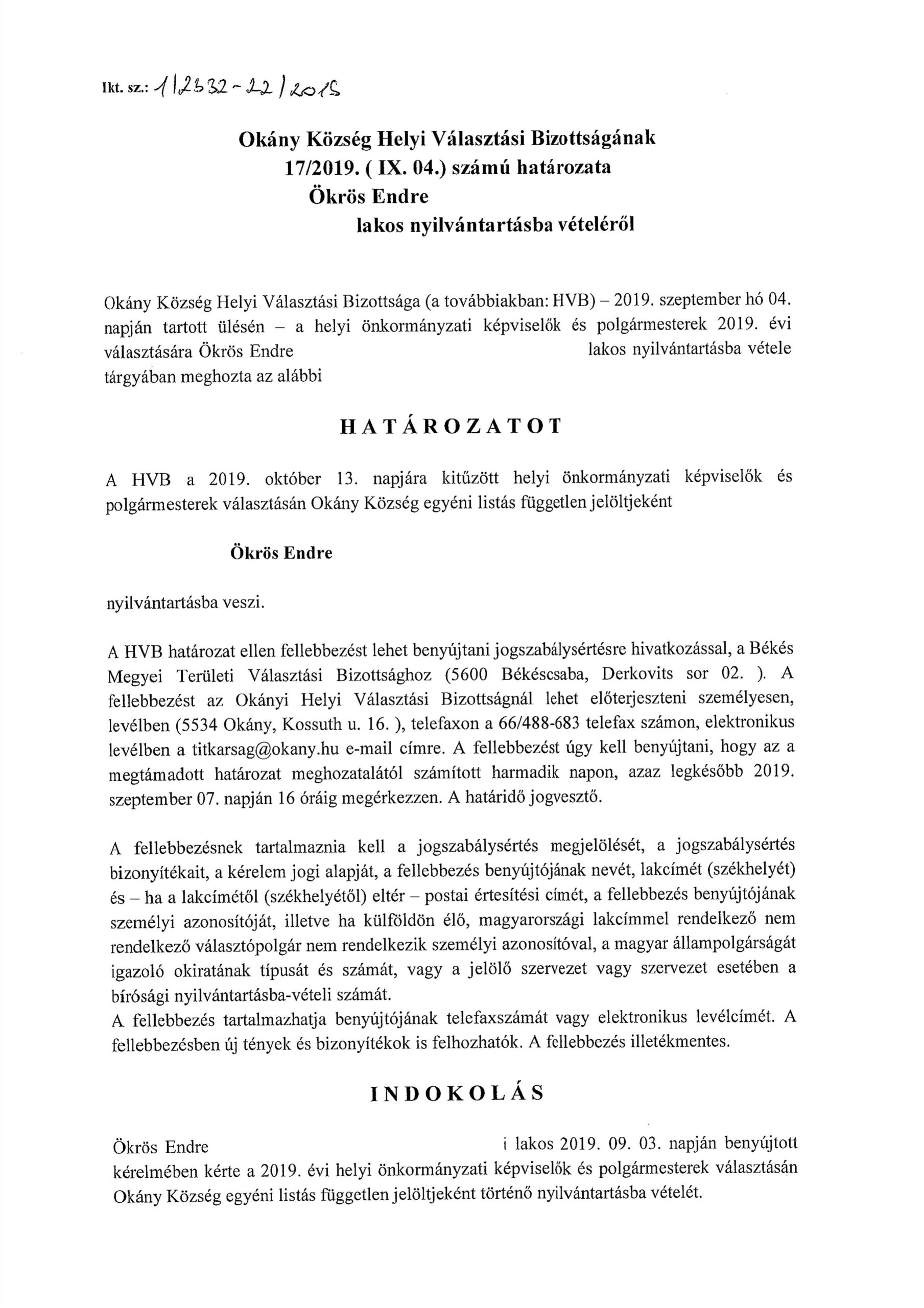 Ökrös Endre nyilvántartásba vétele