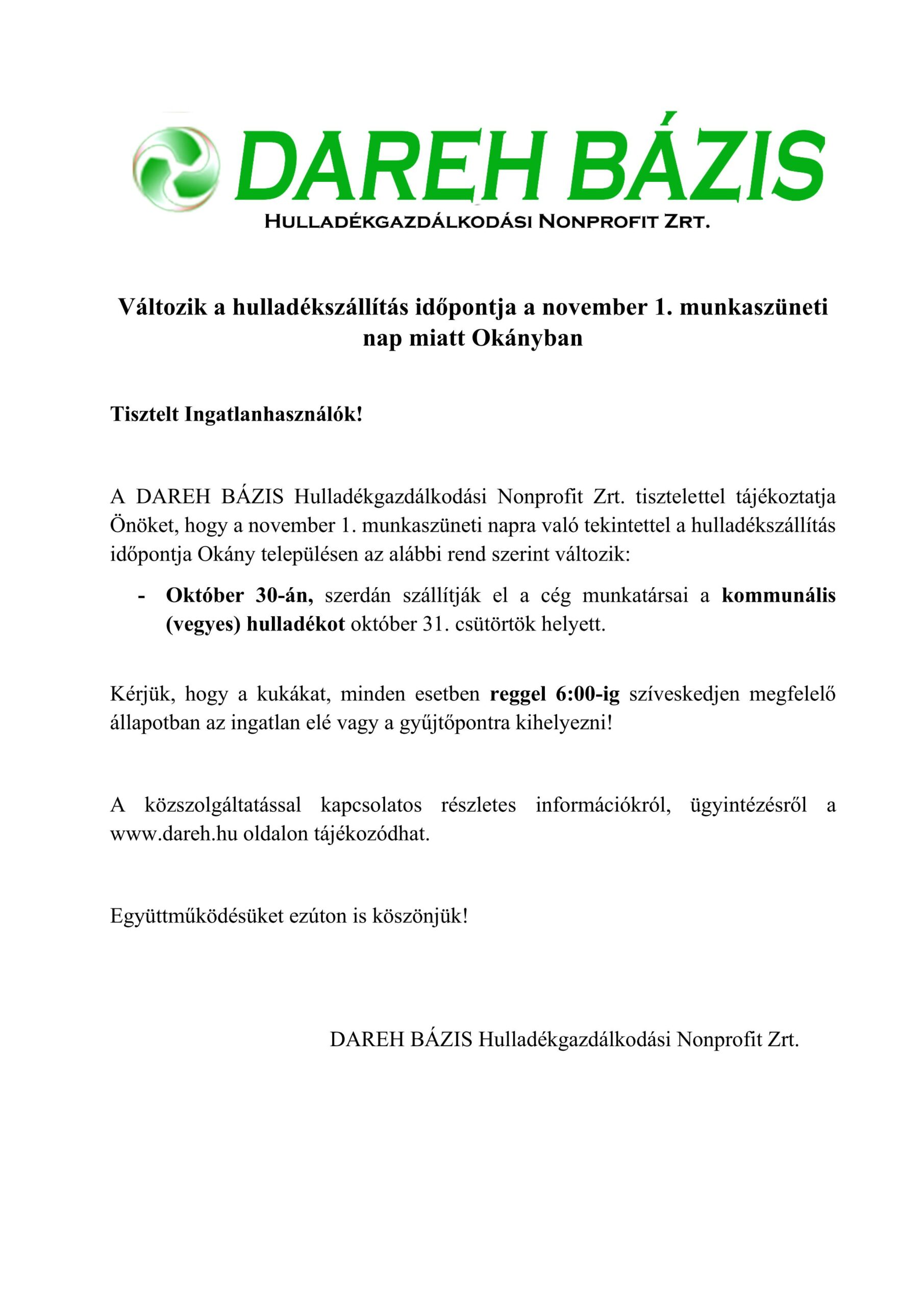 Változik a hulladékszállítás időpontja a november 1. munkaszüneti nap miatt Okányban